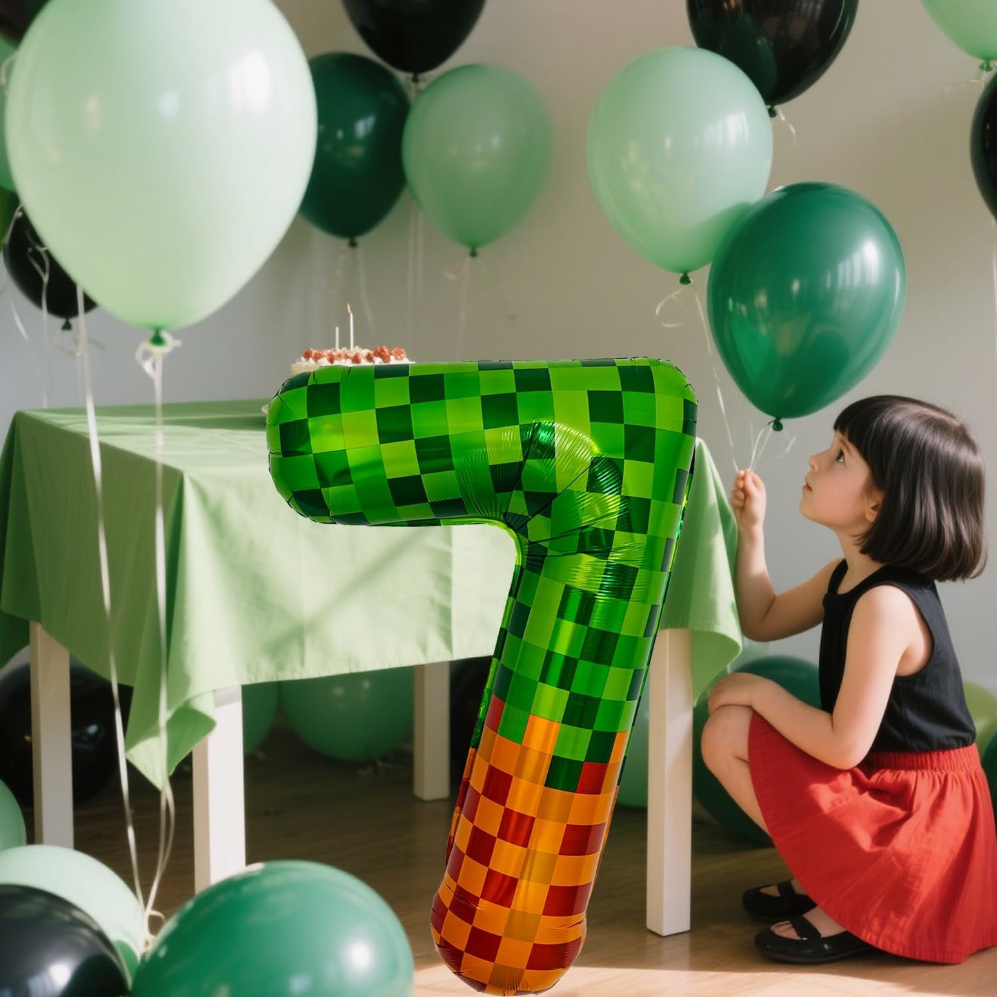 Pixel & TNT Theme 40in Giant Number Balloons - Foil Mylar Birthday Party Decorations for Kids Adults Cumpleaños, Block Style Pixel Art Shape Balloon Decor Supplies (Pixel, Number 7)