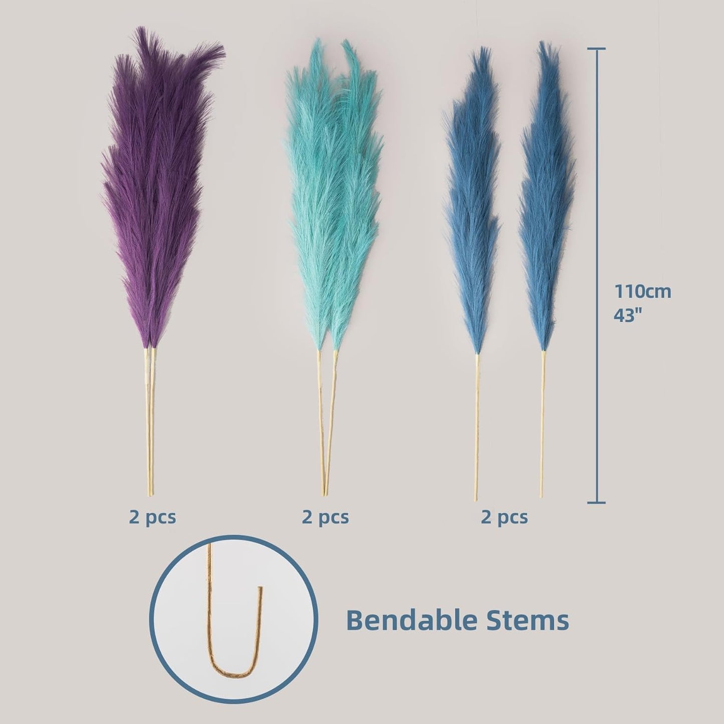 EVODIS Pampas Grass Decor Tall, 43"/110cm Faux Pampas Grass 6 Stems Large Pompass Grass Branches Tall Bulk Boho Flower Arrangement for Home Room Wedding Party Decor