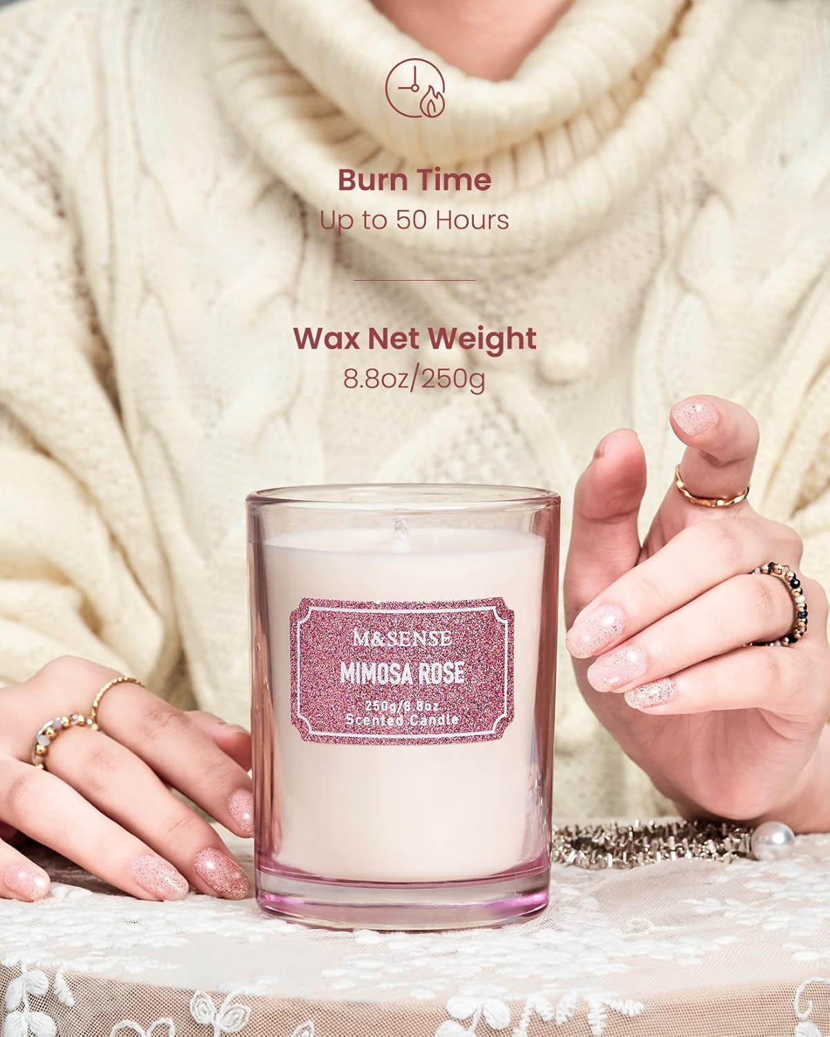 M&SENSE Rose Scented Candles, Classic Size 8.8 oz Glitter Jar Candles, Holiday Candles Gifts for Women, Strong Scented Natural Soy Candle for Winter Home Decor, 50 Hours Long Burning Candles