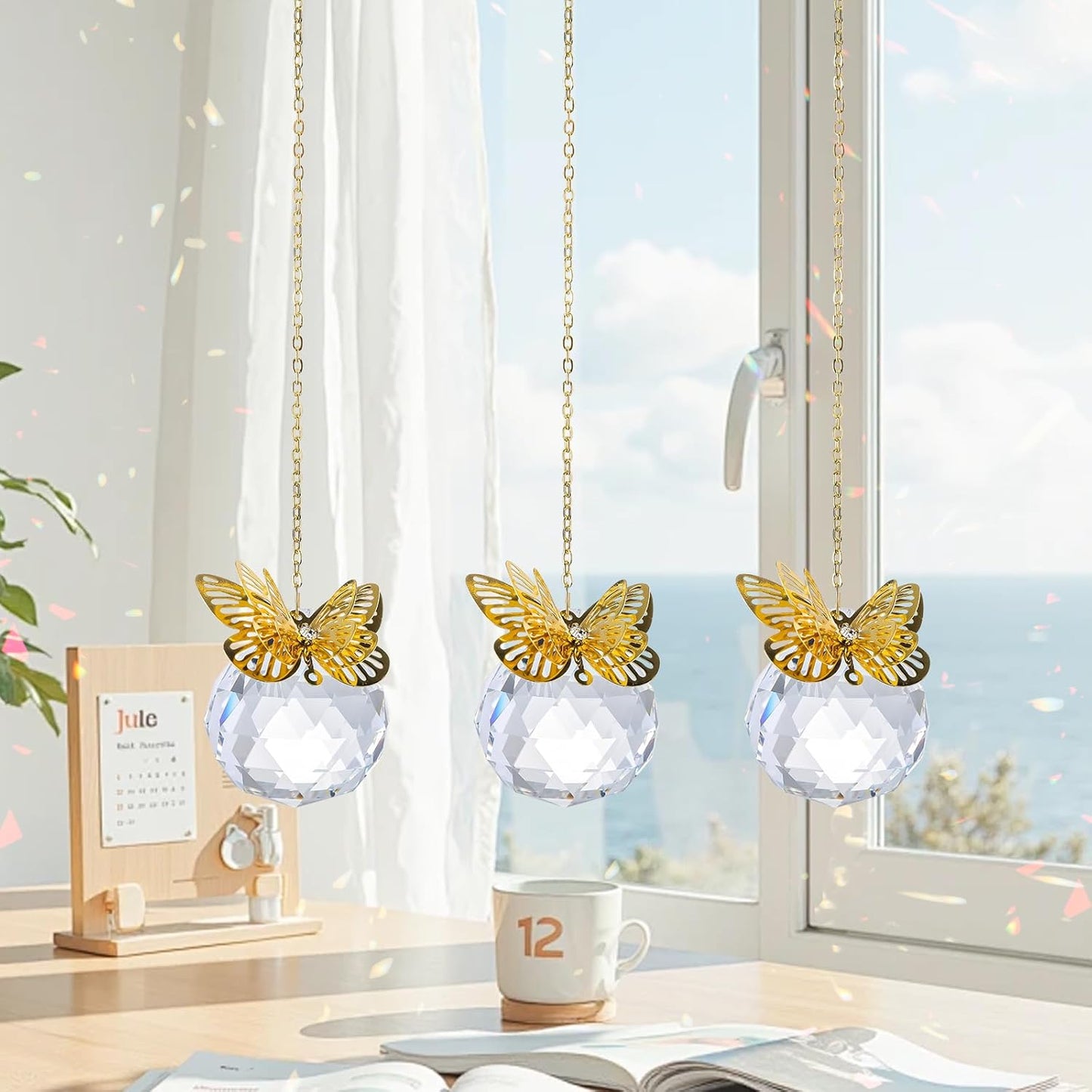 Crystal Suncatchers Gold Butterfly 40mm Crystal Prisms Ball Rainbow Maker with Chain for Window Hanging Decoratioin 3 Pack