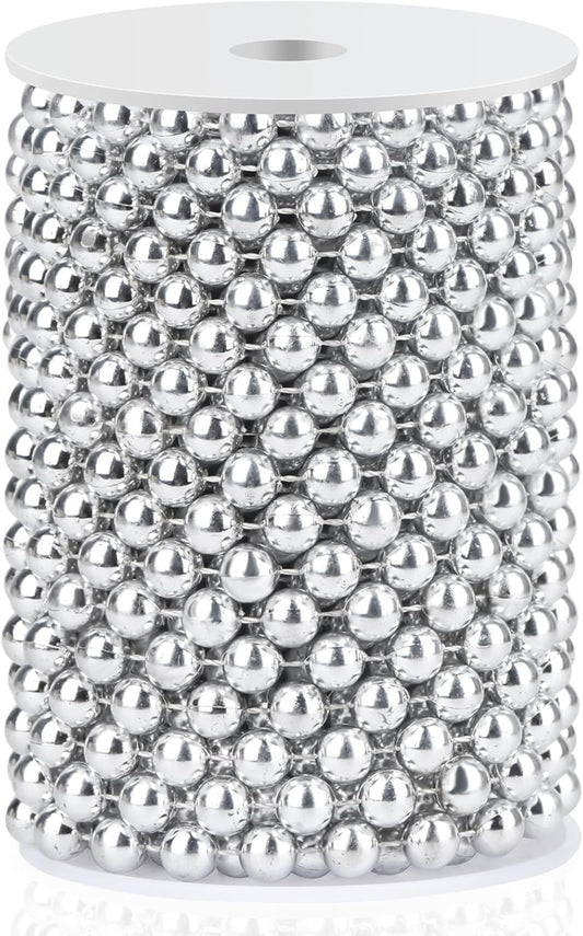 Craft String Pearls 10MM Pearl Bead, 33 Feet Silver Faux Pearl Garland Spool Roll Strand Wedding Party Decoration, Christmas Tree Decorations