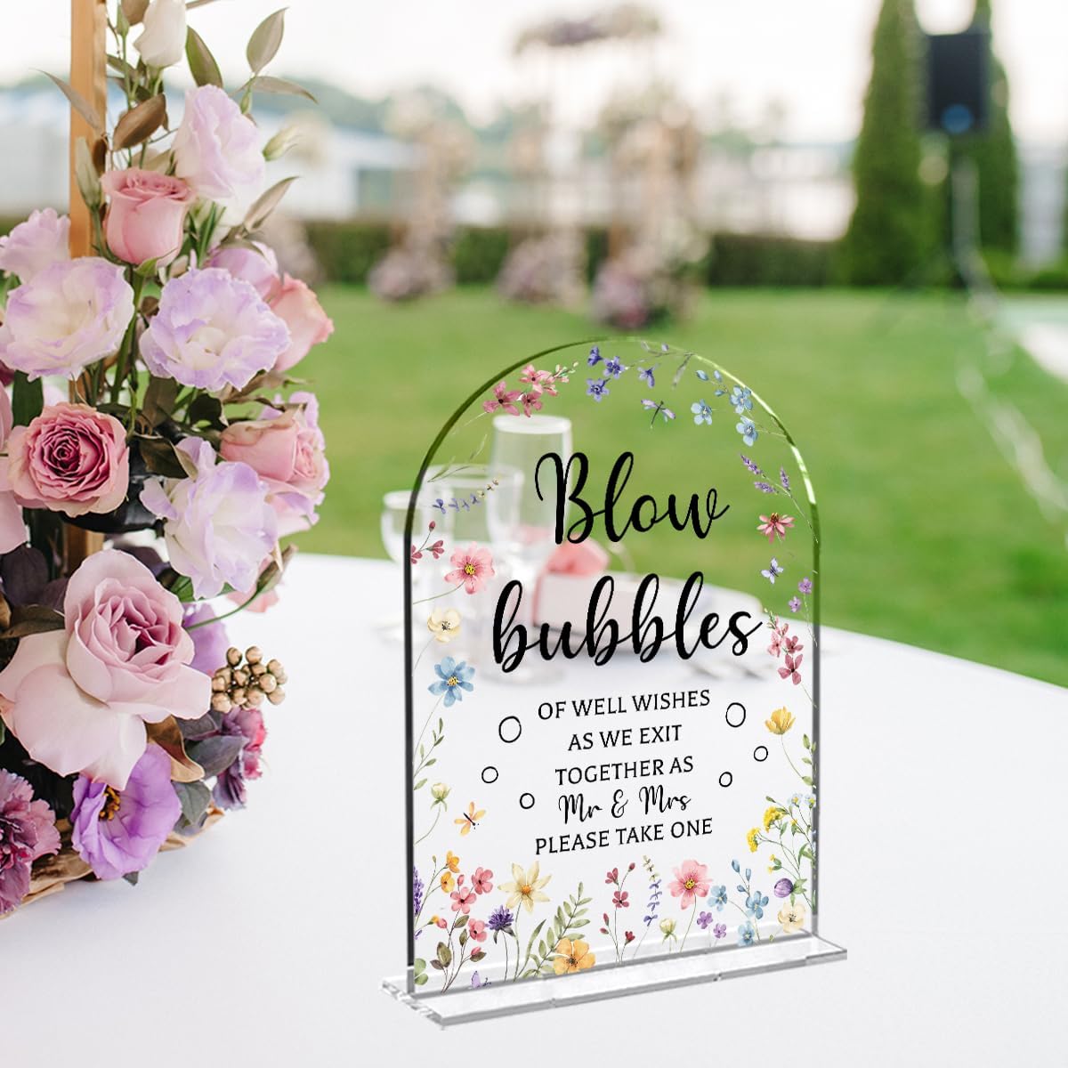 Wedding Sign Decor, Arch Acrylic 5x7 Inch, Blou Bubbles Sign Wedding Sign for Reception & Event, Bridal Shower Decorations, Wedding Table Sign Accessories for Anniversary And Party (Flower)