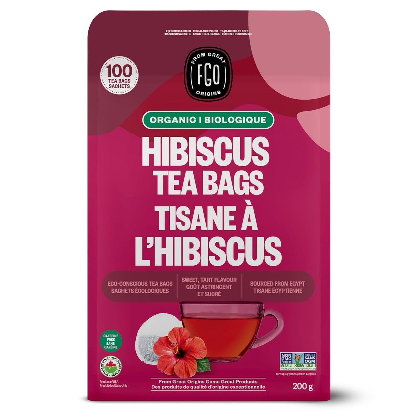 FGO Organic Hibiscus Tea, 100 Count, Eco-Conscious Tea Bags, Caffeine Free, Packaging May Vary (Pack of 1)