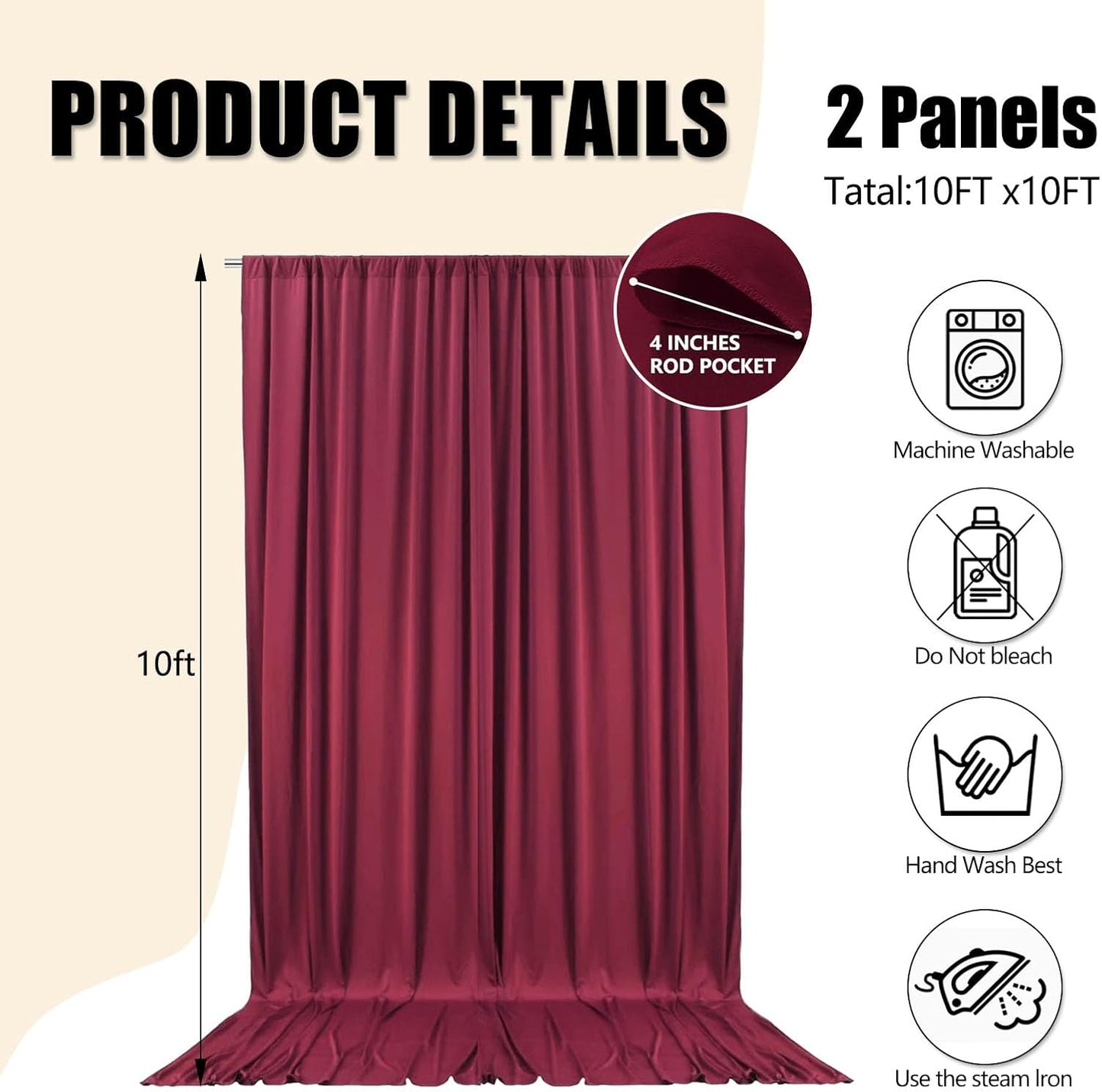 10ft x 10ft Burgundy Backdrop Curtains for Parties, Fabric Satin Background Curtain with Rod Pockets for Weddings, Birthday, Baby Shower, Photography, Graduation Party Backdrop Drapes, 2 Panels