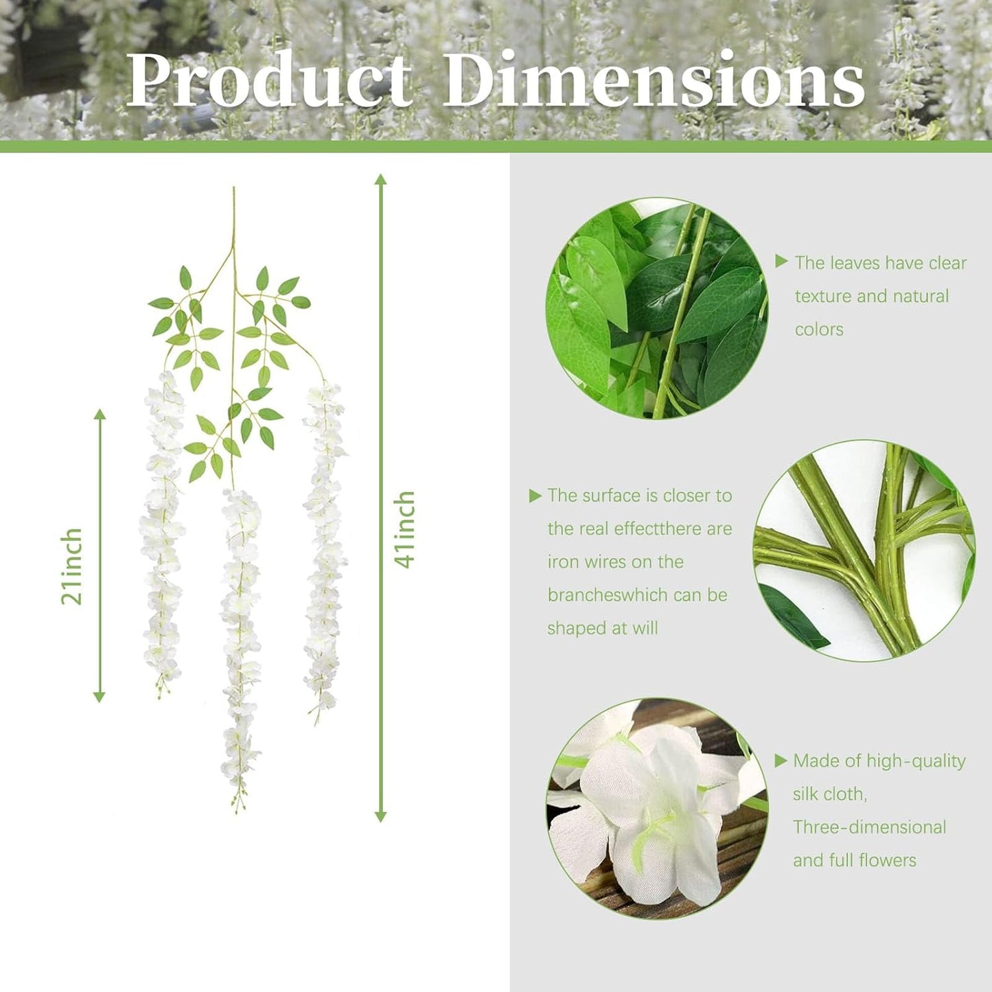 24 Pack Green White Wisteria Hanging Flowers, 3.4 Ft Fake Hanging Flowers, Artificial Wisteria Garland Vines for Wedding Room Backdrop Outdoor Patio Garden Decoration