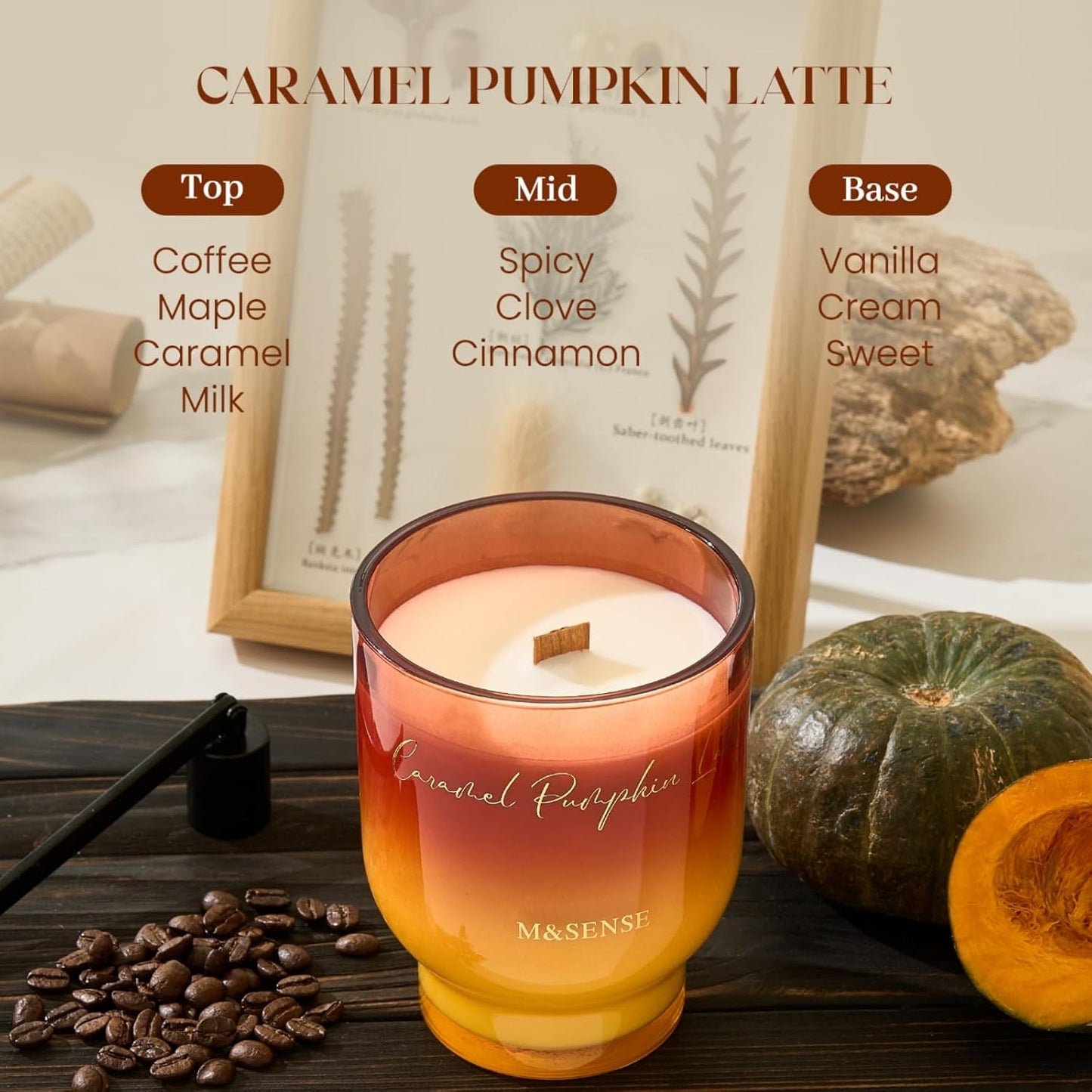 M&SENSE 16.6oz Natural Soy Large Jar Candle with Wooden Wick | Caramel Pumpkin Latte Scent | 95-Hour Burn & Long-Lasting Burn | Housewarming Gift for Men and Women