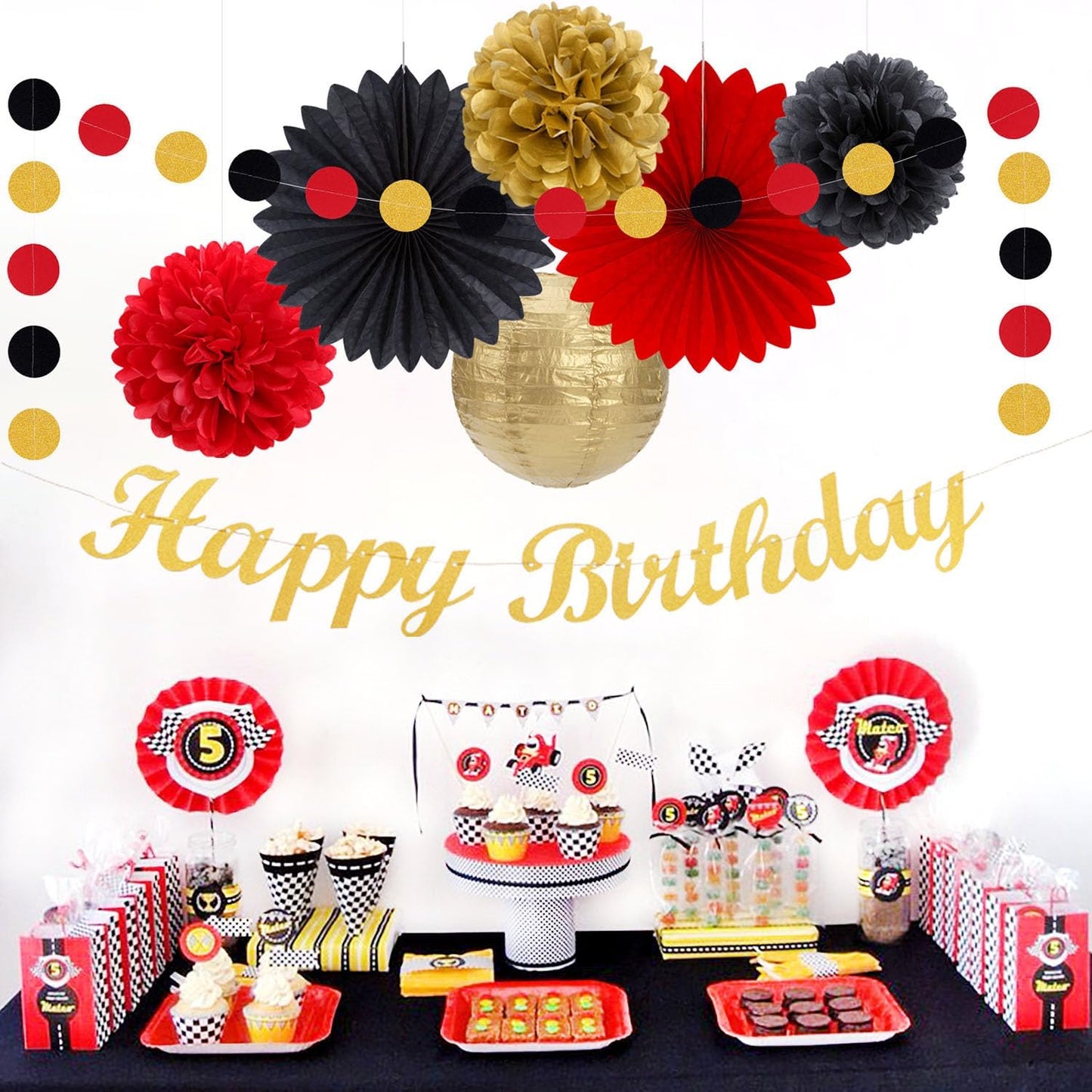 Red-Black Gold Casino-Theme Birthday Party-Decorations - 21pcs Happy Banner,Game Night Paper Lanterns,Tissue Pom Poms Flower Fan,Honeycomb Ball,Swirl Streamers Garland Supplies Women Men Decor Huglony