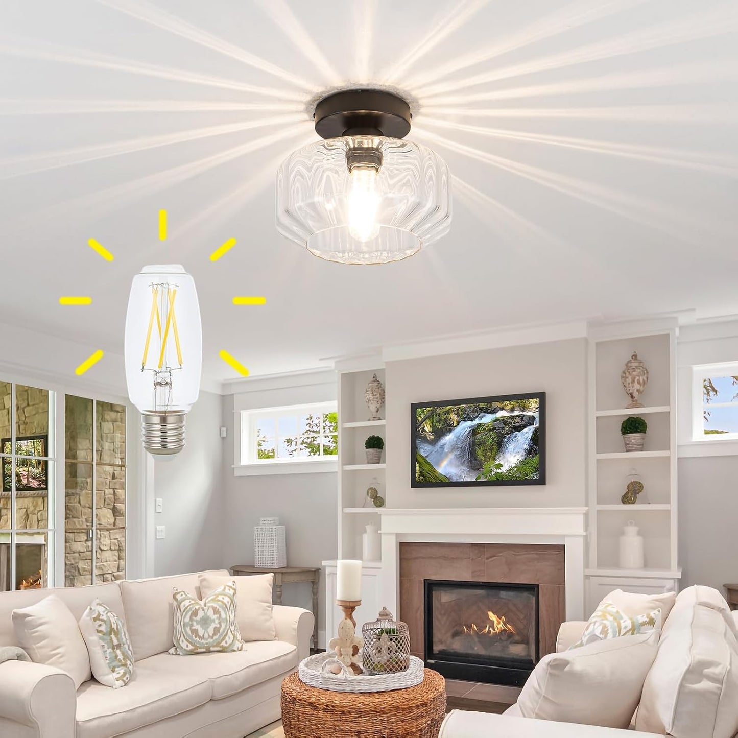 Semi Flush Mount Ceiling Light with Hexagonal Diamond Textured Glass, Matte Black Base & Includes 1200LM LED Bulb - Kitchen Lighting, Hallway Light Fixture, Bathroom Ceiling Light Fixture