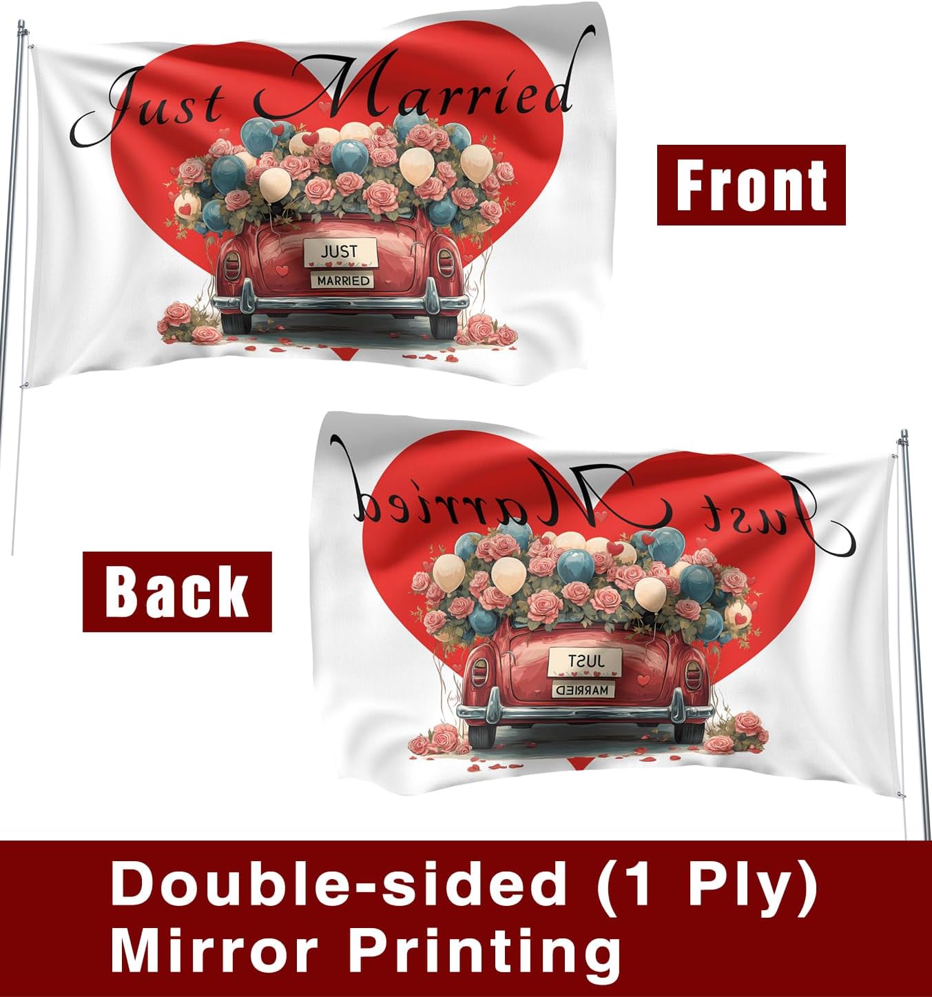 Heart Just Married Flag Banner Outdoor Indoor Decoration Flag 3x5 FT Double Stitched Polyester with Brass Grommets (White)