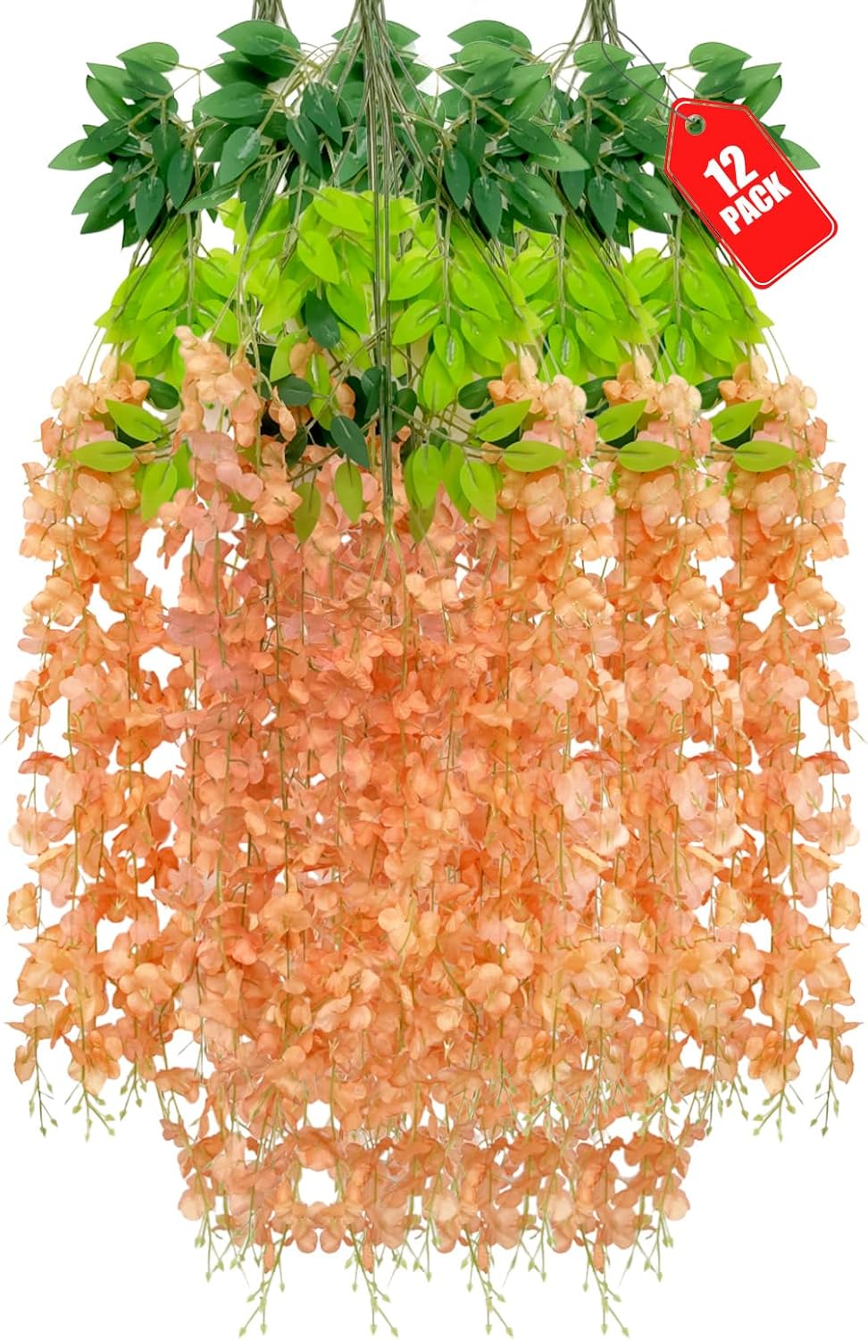 12 Pack Orange Wisteria Hanging Flowers, 3.44 Ft Fake Hanging Flowers, Artificial Wisteria Garland Vines for Wedding Room Backdrop Outdoor Patio Garden Decoration