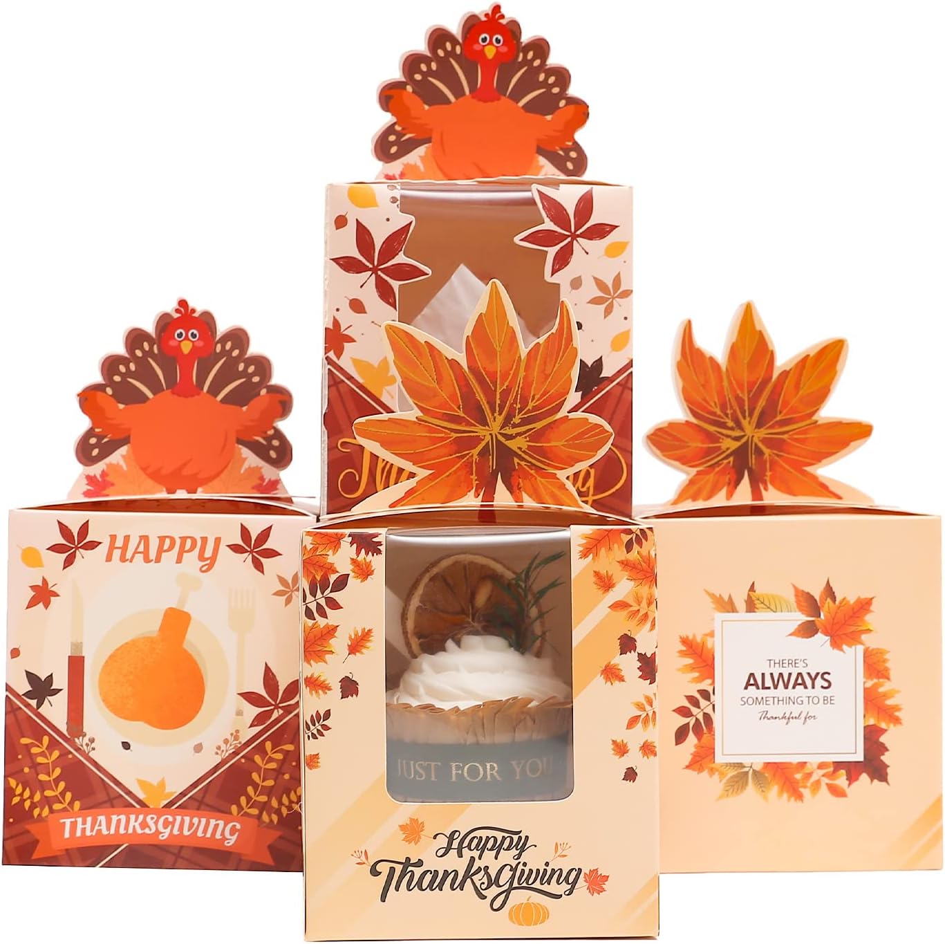 qiqee Thanksgiving Individual Cupcake Boxes Cupcake Holders Disposable 60pcs Single Cupcake Boxes with Window 3.7x3.7x4.5 inch Cupcake Containers For Thanksgiving