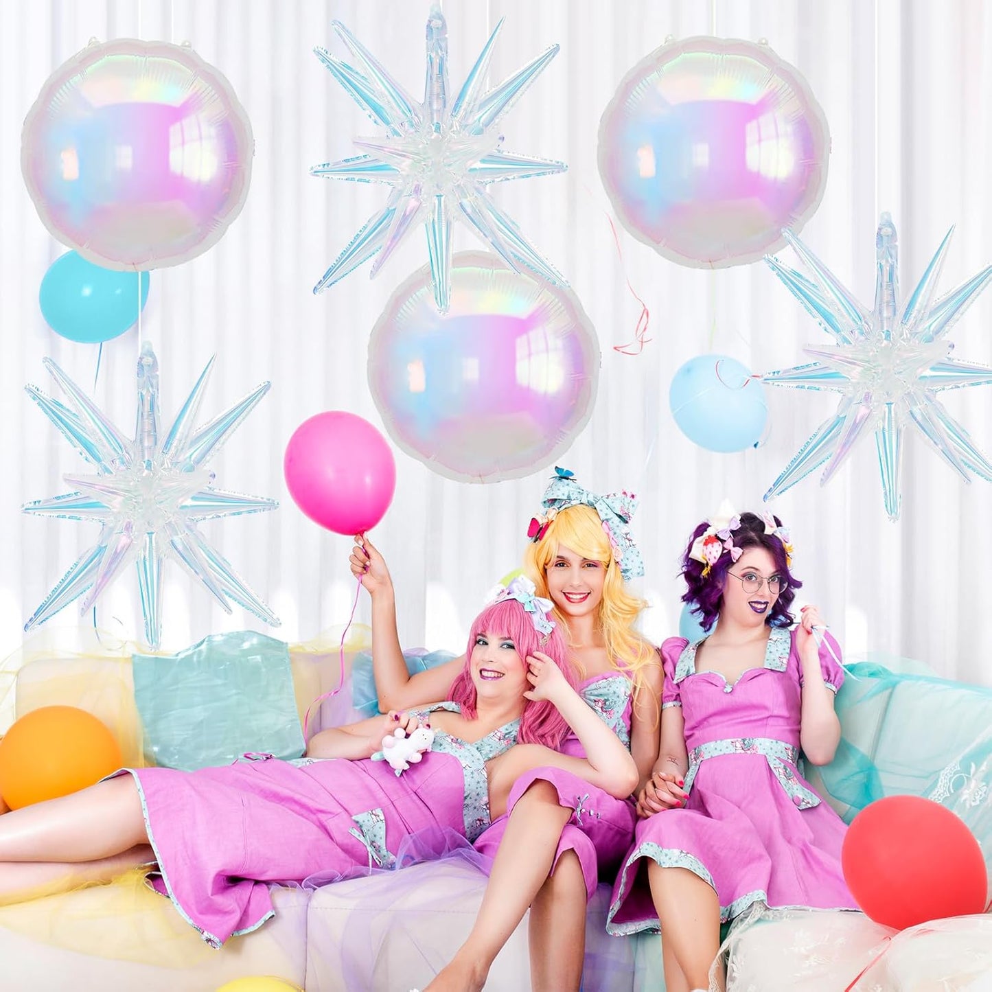 6Pcs Iridescent Foil Balloons, 22in Round Shaped Balloons and Explosion Star Iridescent Balloon, Large Holographic Clear Foil Balloon for Birthday Mermaid Rainbow Wedding Party Supplies