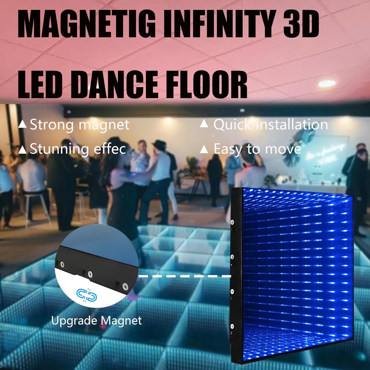 Dance Floor Stage Lights Tempered Glass Infinity Mirror Panel 3D Effect Led Dance Floor for Wedding Party Customizable (3D-Magnetic, 49PCS(11.5FTX11.5FT))