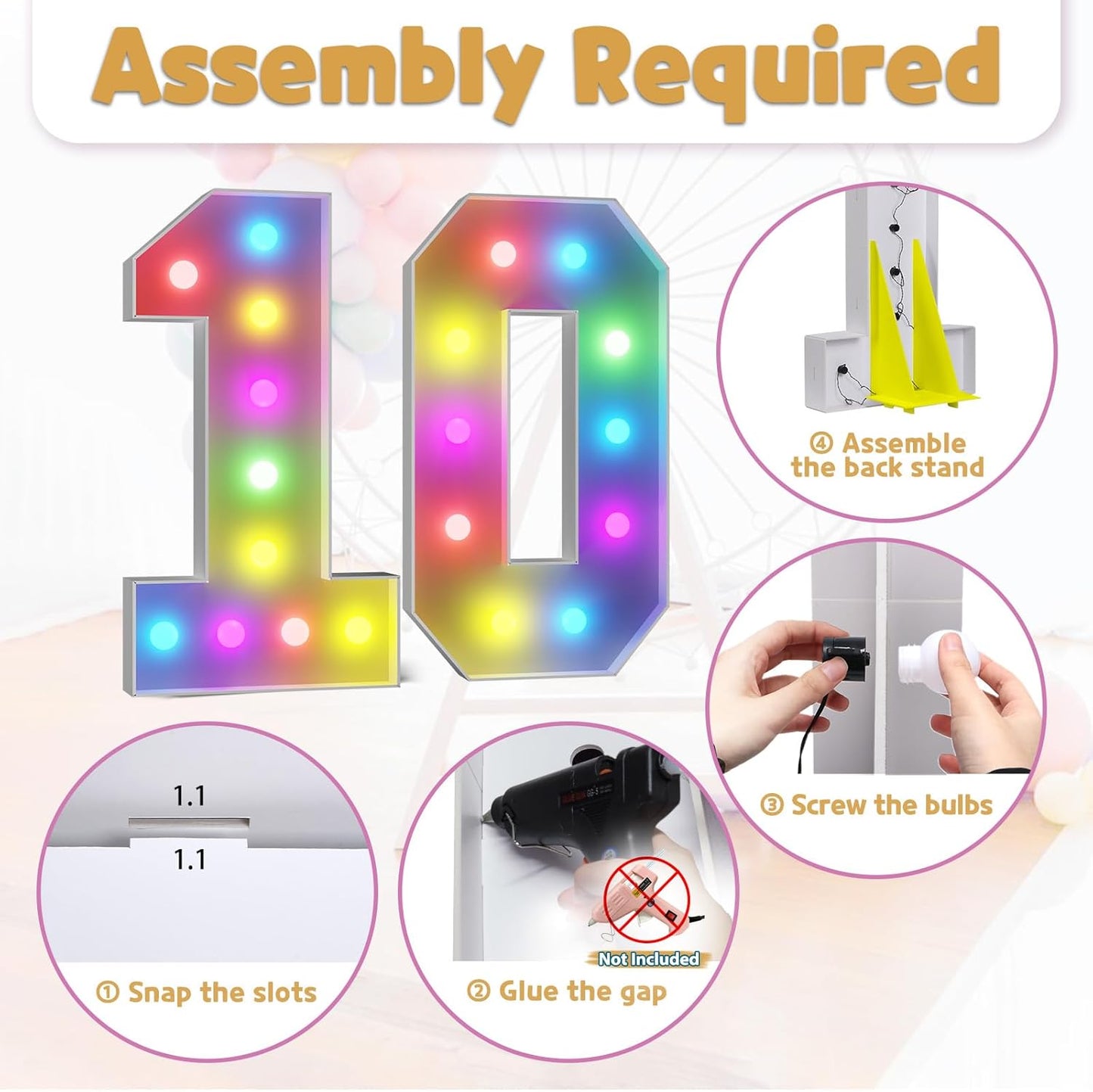 Marquee Numbers Colorful 10th-Birthday Decoration: 4FT Large Light Up 10 Year Old Birthday Decorations Anniversary Backdrop for Boys Girls Cardboard White Sign 18 Colors Number 10 Mosaic Balloon Frame