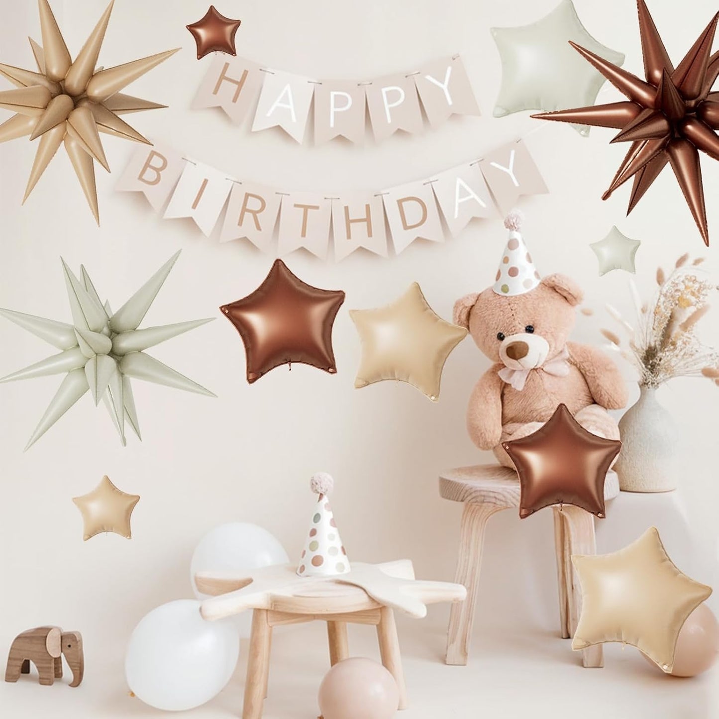 16 Pcs Cream Caramel Brown Star Balloons,22/18/10 Inch Foil Neutral Balloons, Balloon for Kids Girl Boy Birthday Boho Wedding Bridal Baby Shower Party Decorations