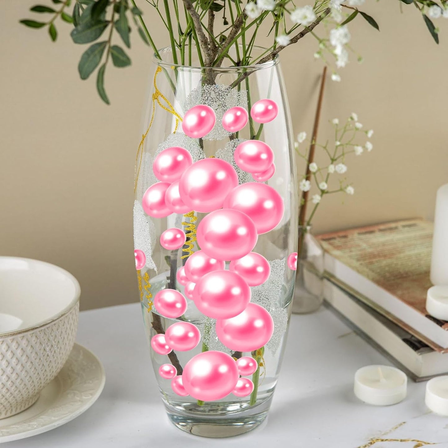 100PCS Fuchsia Faux Pearls Beads for Centerpiece Vases, Vase Filler Faux Pearls, No Holes Filler Beads for Party Anniversary Birthday Wedding Table Decor, 14/20/30mm