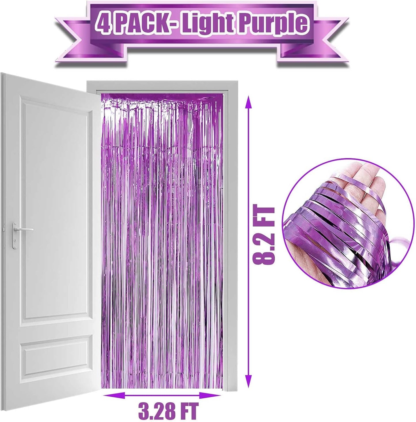 4 Pack Light Purple Foil Fringe Curtain Backdrop, 3.28Ft x 8.2Ft Metallic Tinsel Foil Fringe Streamers Curtains for Party,