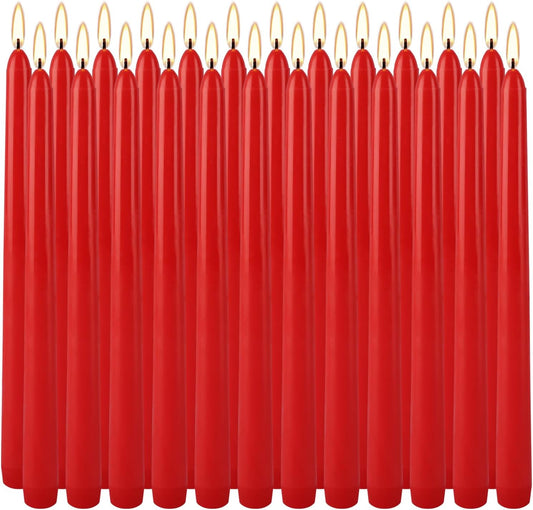 24 Pack Red Taper Candles, 7-8 Hours Burn Time, Unscented, Smokeless and Dripless, 0.75 x 10 Inch Dinner Candle Set for Christmas,Household, Wedding, Party and Home Décor Candlesticks