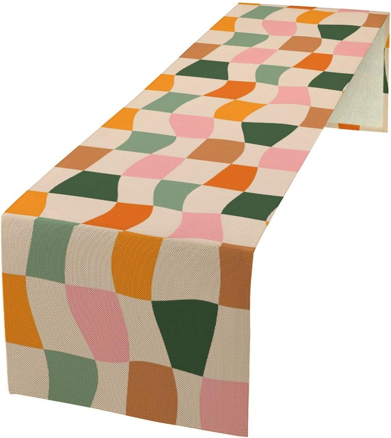 Hippie Table Runner, Vintage Geometric Square Orange Green Pink Grid 60s 70s Style Kitchen Dining Room Decor for Indoor Outdoor Wedding Party Table Runner 13x70 Inch