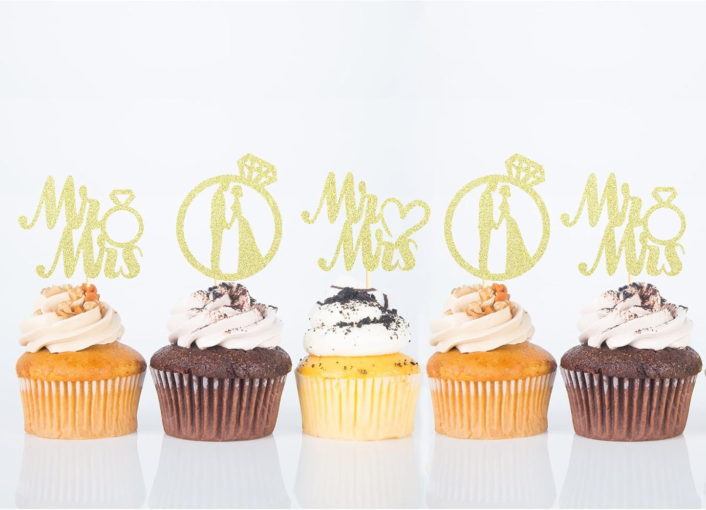 Sotpot 24PCS Miss to Mrs Cupcake Toppers with Ring Gold Glitter for Wedding Bridal Shower Wedding Engagement Party Cake Decorations