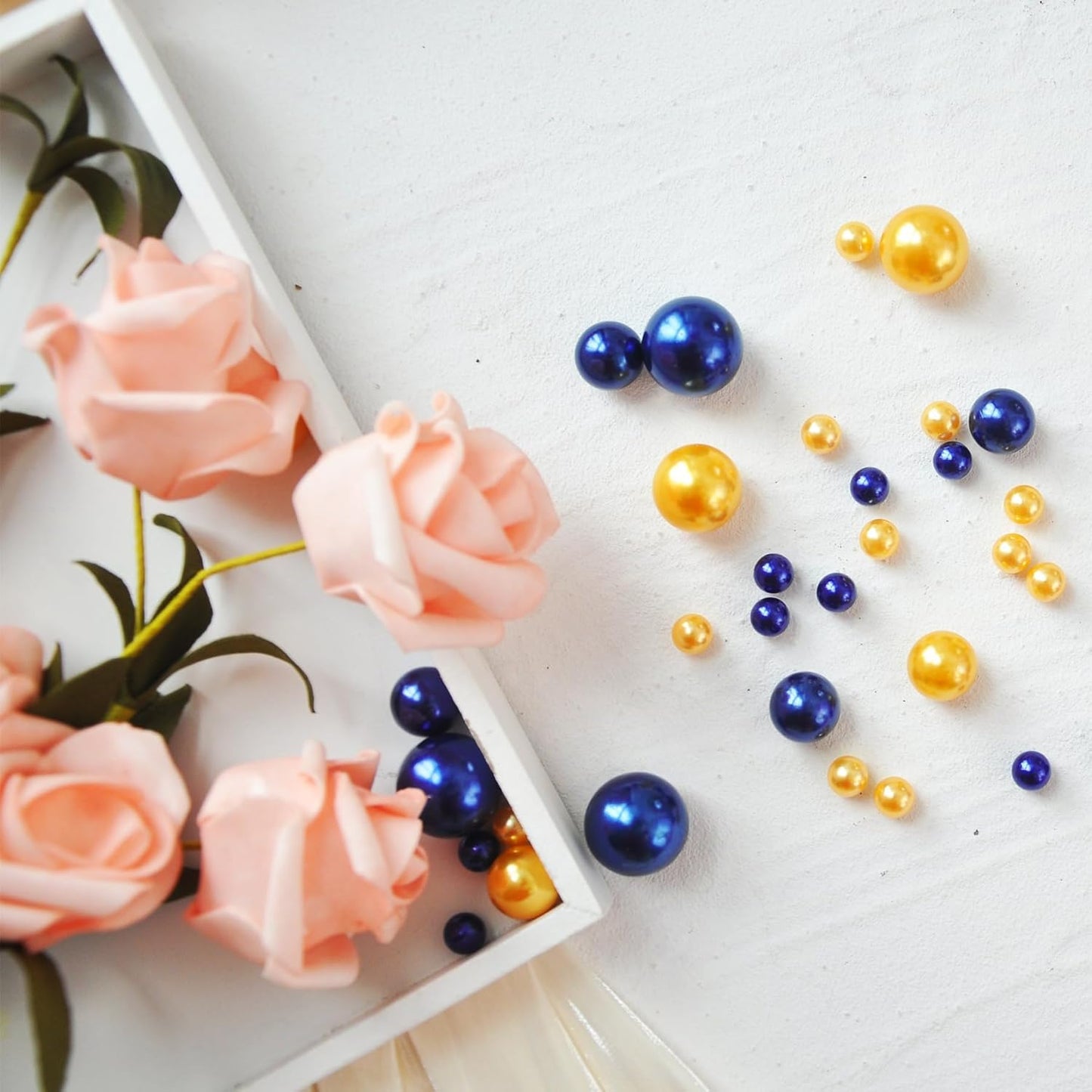 520Pcs Navyblue&Gold Beads for Centerpieces Decor, Artifical Pearls Vase Filler, Large Beads for Makeup Brush, No Hole Round Pearl Beads for Wedding Birthday Christmas Party Home Decor(18mm 14mm 6mm)