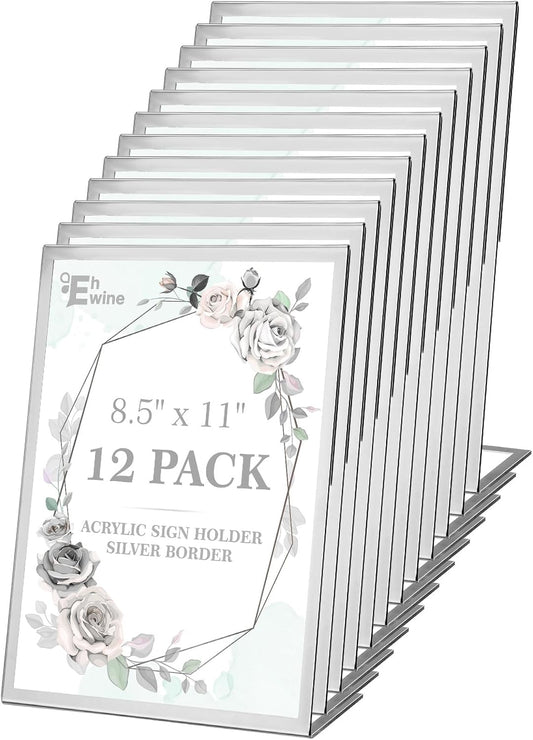 EHWINE 12 Pack Acrylic Sign Holder 8.5 x 11, Silver Picture Frame Stand up Table Top Sign Holders, Slanted Back Paper Holder Clear Display Stand Menu Flyer Holder for Wedding Party
