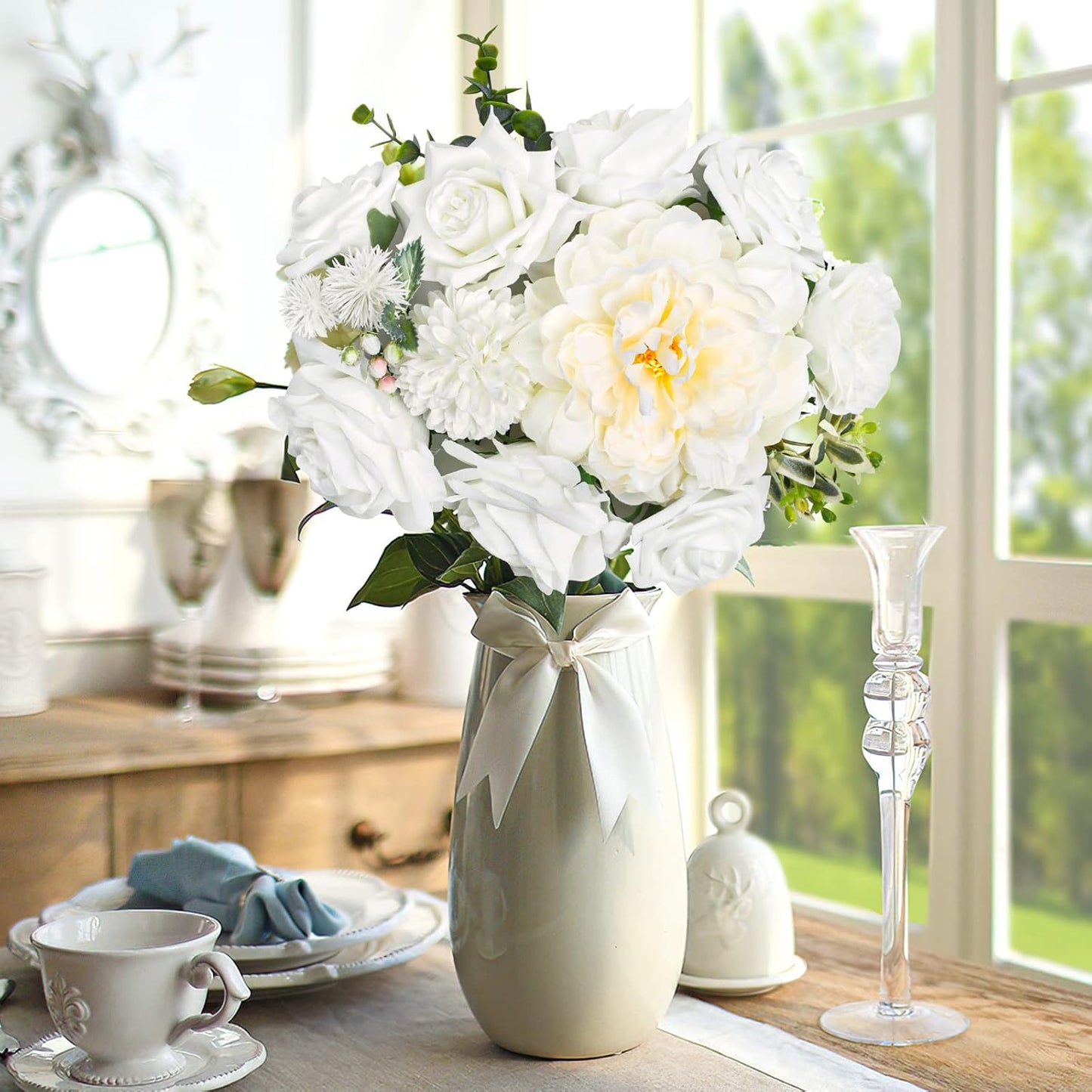 AmyHomie White Artificial Flowers Combo Silk Mix Peony Rose Hydrangea Daisy Fake Flowers w/Stem for DIY Wedding Bouquets Centerpieces Arrangements Table Decor Party Bridal Baby Shower Home Decor