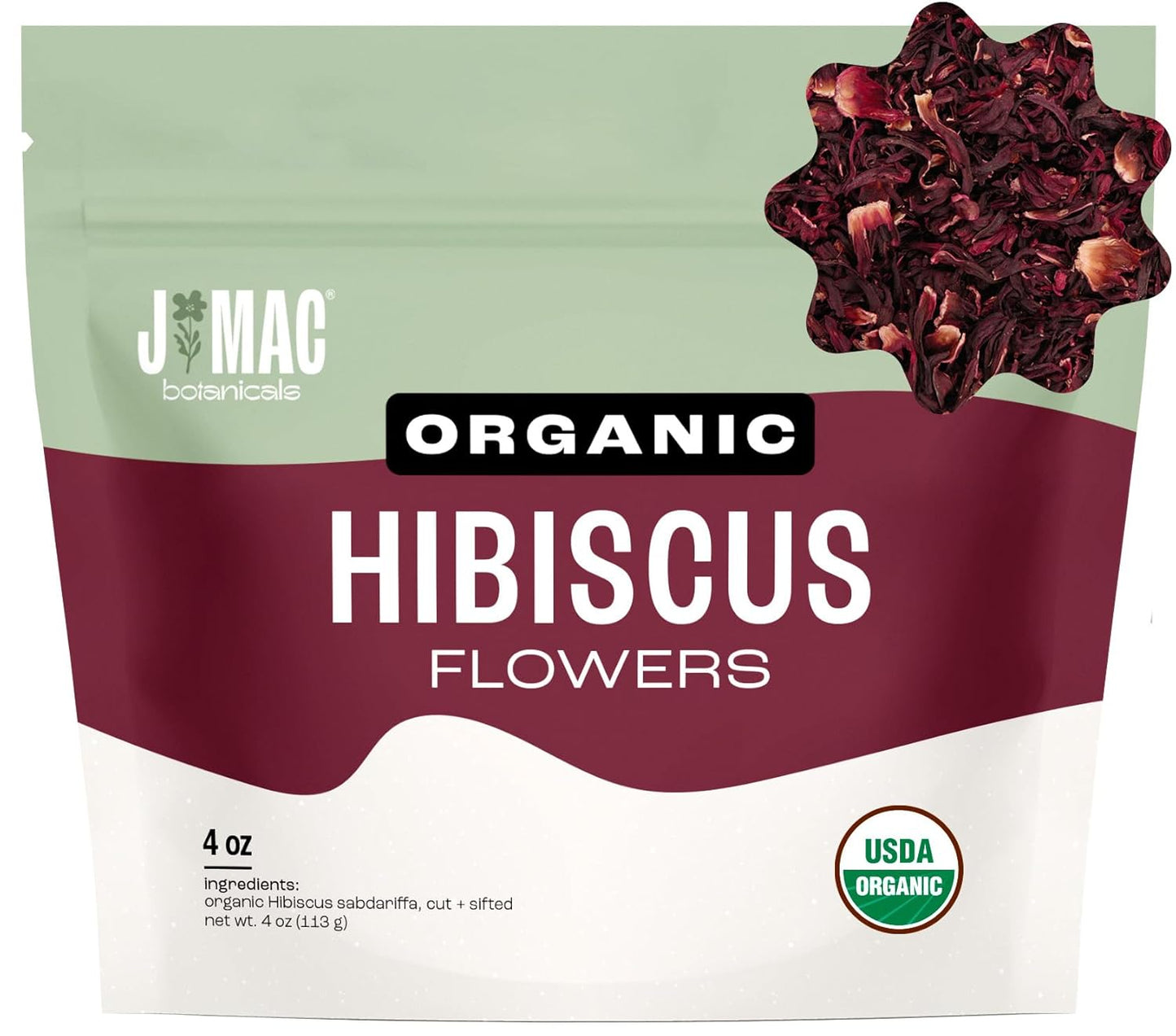J Mac Botanicals, Organic Hibiscus Flower (4 ounce), Hibiscus tea, cut & sifted flowers, dried from Egypt, herbal tea leaves, Flor de Jamaica, edible