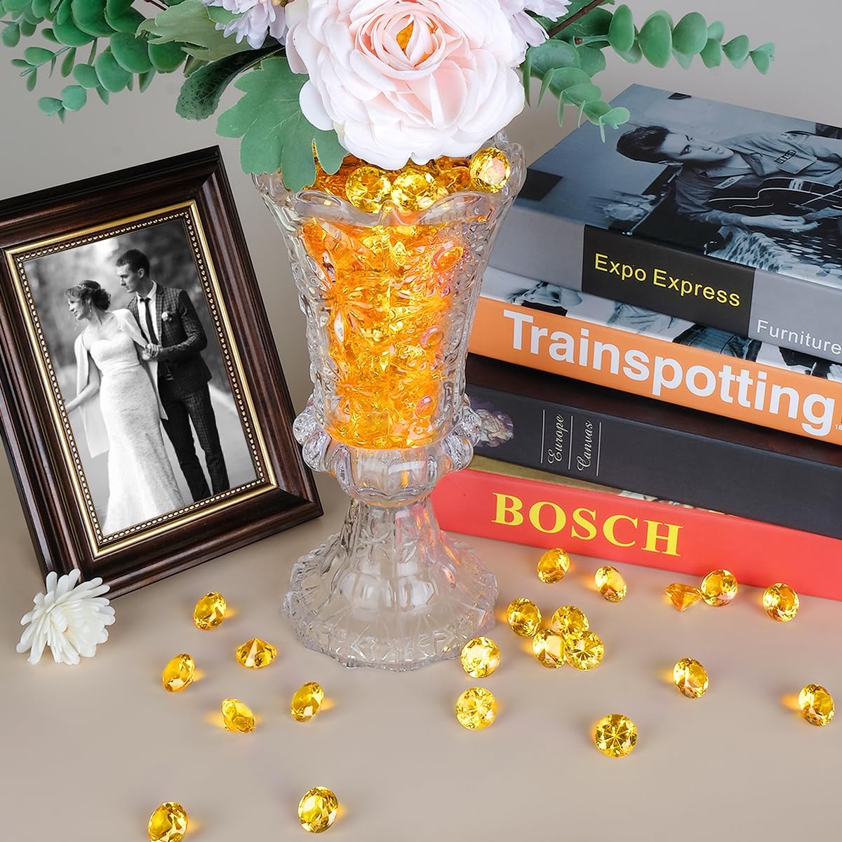 Acrylic Diamond Fake Gems Vase Filler, Babenest 240pcs 3/4 Inch Faux Diamonds Crystals Jewels for Table Scatters Wedding Party Event Arts & Crafts Birthday Decoration Favor (Orange)