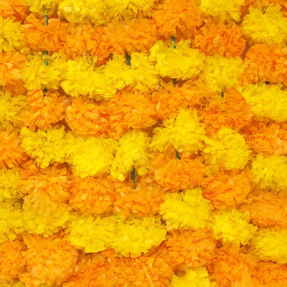 Marigold Garland for Diwali Decorations Pack of 5 - Marigold Artificial Flowers, Indian Marigold Flower Garland for Diwali Decorations (Light Orange Light Yellow | 4 to 4.5 ft) Hashcart®