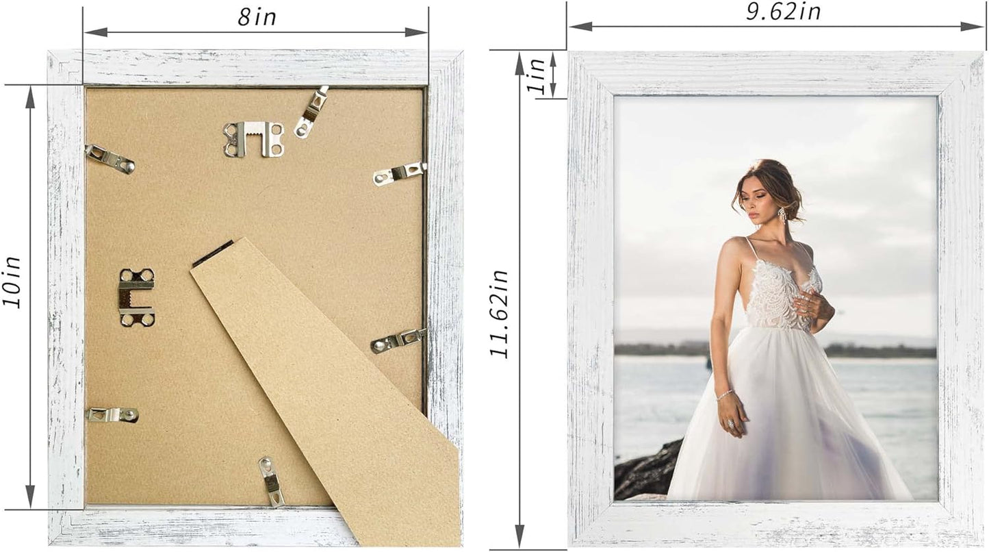 8x10 Picture Frame Set of 4, High Definition Glass Distressed White Frame, 8 x 10 Wood Photo Frames for Tabletop Display and Wall Mounting