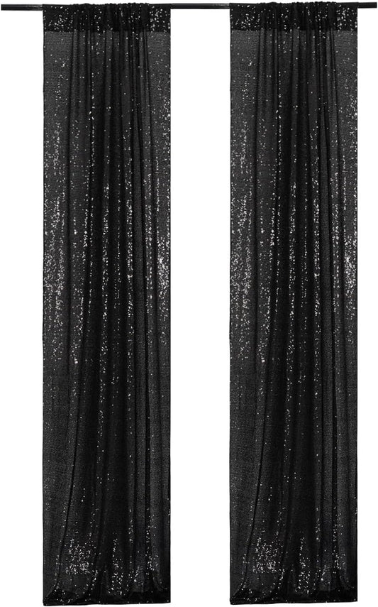 Poise3EHome 2ft x 8ft Black Sequin Photography Backdrop Curtains 2 Panels for Party Decoration, Black