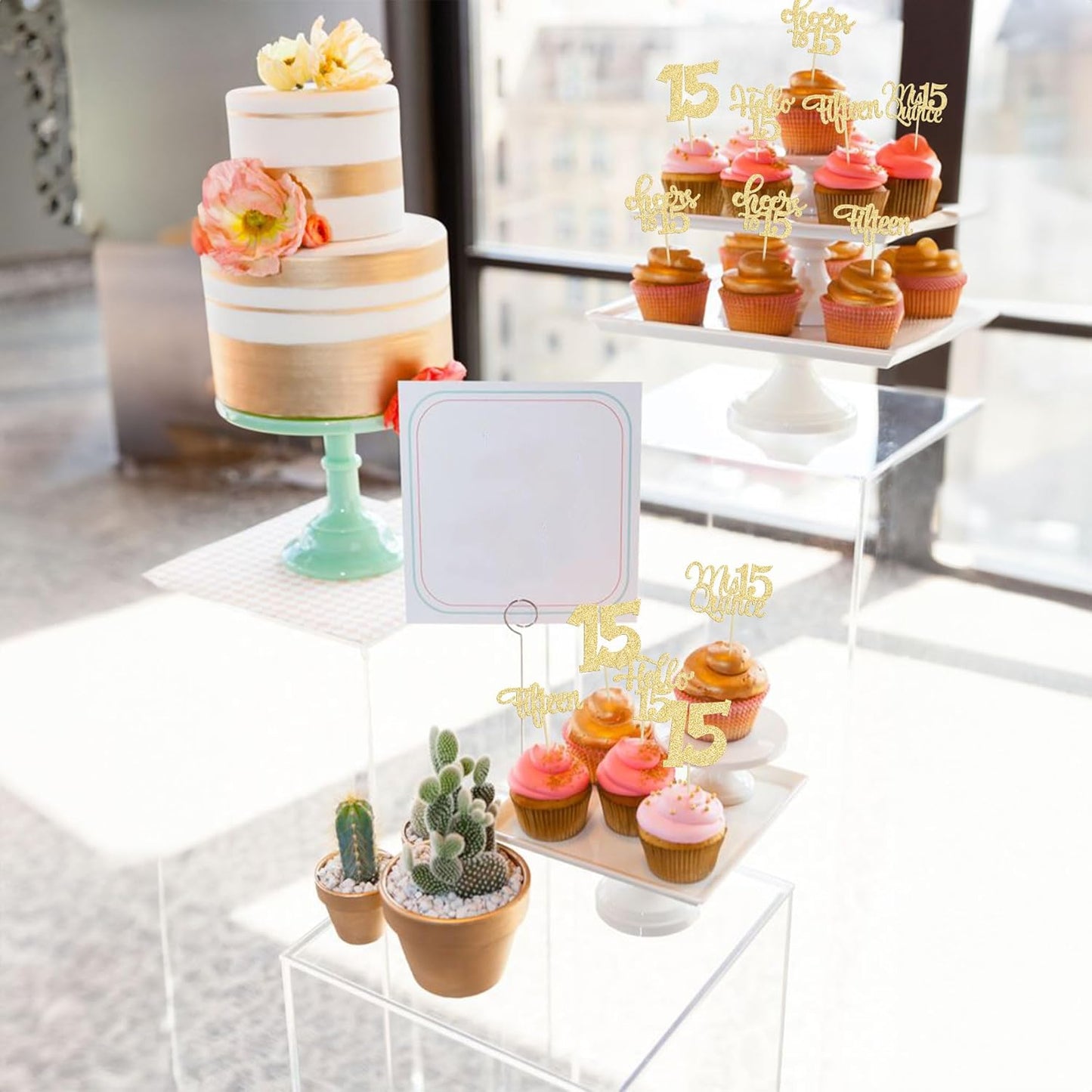 30Pcs 15th Birthday Cupcake Toppers Fifteen Cupcake Picks Cheers to 15 Years Old Mis Quince 15 Cake Decorations for 15th Birthday Anniversary Party Gold Glitter