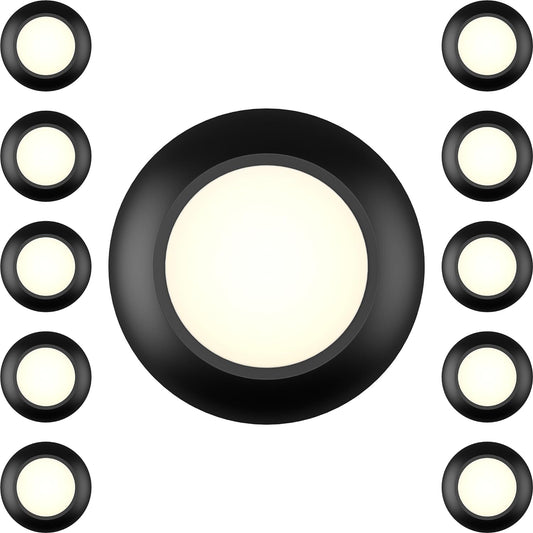 10 Packs 4 Inch Black LED Low Profile Recessed & Surface Mount Disk Light, Round, 10W, 600 Lumens, 3000K Warm White, CRI80, DOB Design, Dimmable, ETL Listed