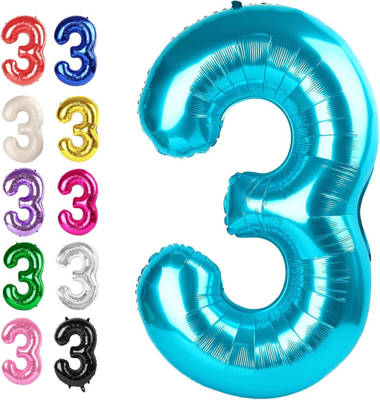 Large 40 Inch Blue 3 Number Balloon, 3 13 23 30 33 36 38 Blue Birthday Party Decorations, Numbers Three Foil Balloons for Anniversary Party Graduations Celebration Supplies