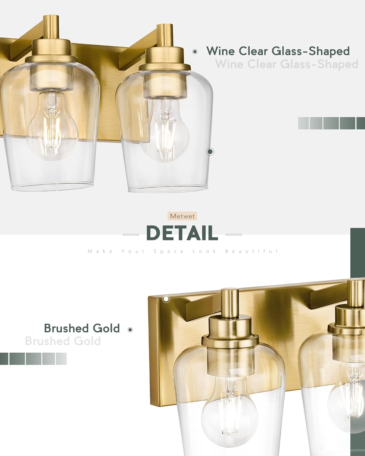 Bathroom Light Fixtures, 4-Light Modern Vanity Light with Clear Glass Wine Glass-Shaped Shade, Vanity Lighting Fixtures Over Mirror, Brushed Gold, VL155-BG-4