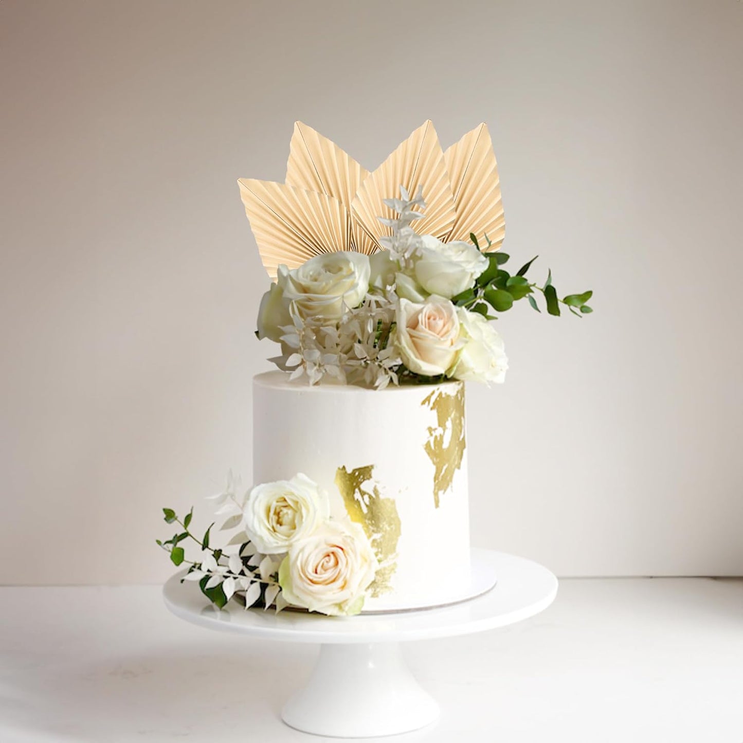 Ephlyn 6Pcs Paper Palm Fan Cake Topper Palm Spear Leaves Fan Cake Pick for DIY Craft Project Bridal Shower Wedding Bridal Shower Birthday Anniversary Party Cake Decorations Khaki