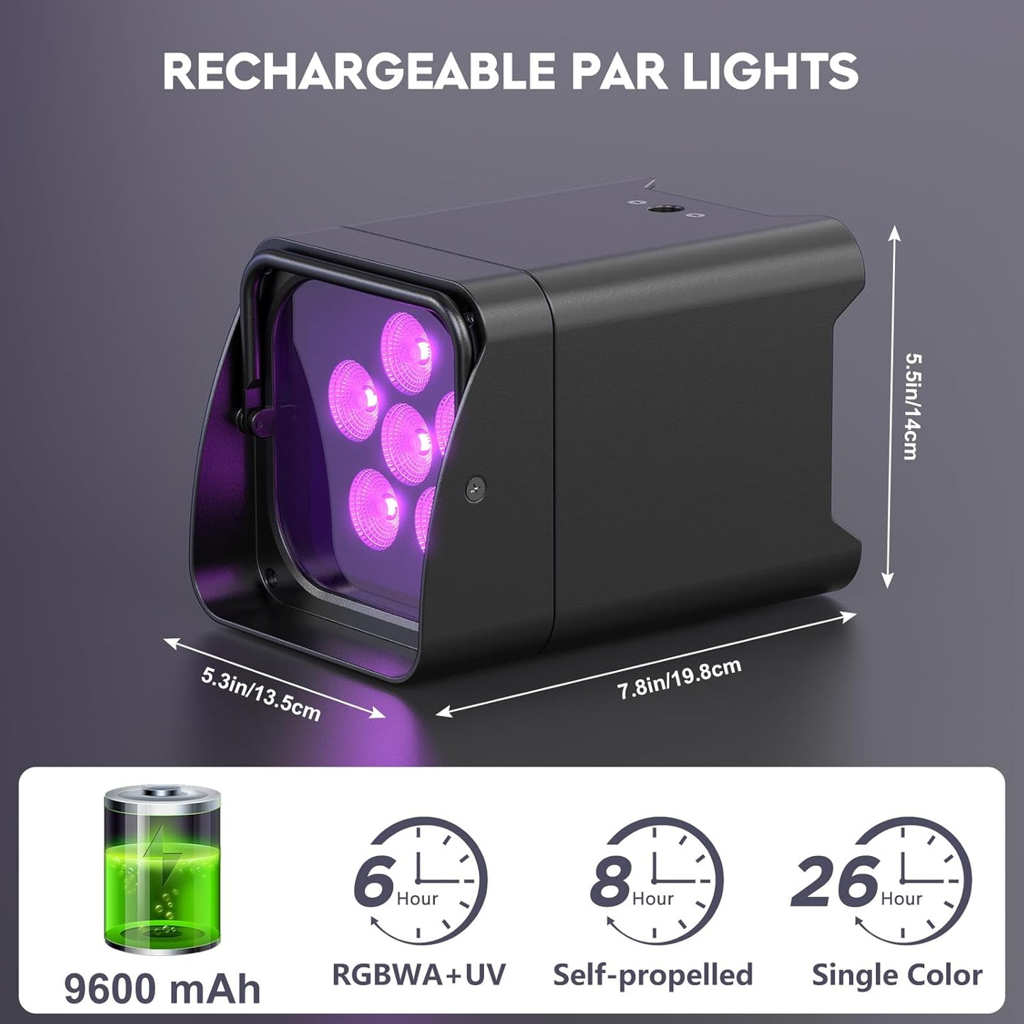 9600mAh Wireless Uplights, 6x18W RGBWA UV Rechargeable Stage Lights, APP/DMX512/Remote Controlled Par Lights, Battery Powered Uplights for Show, Party, Festival, Event