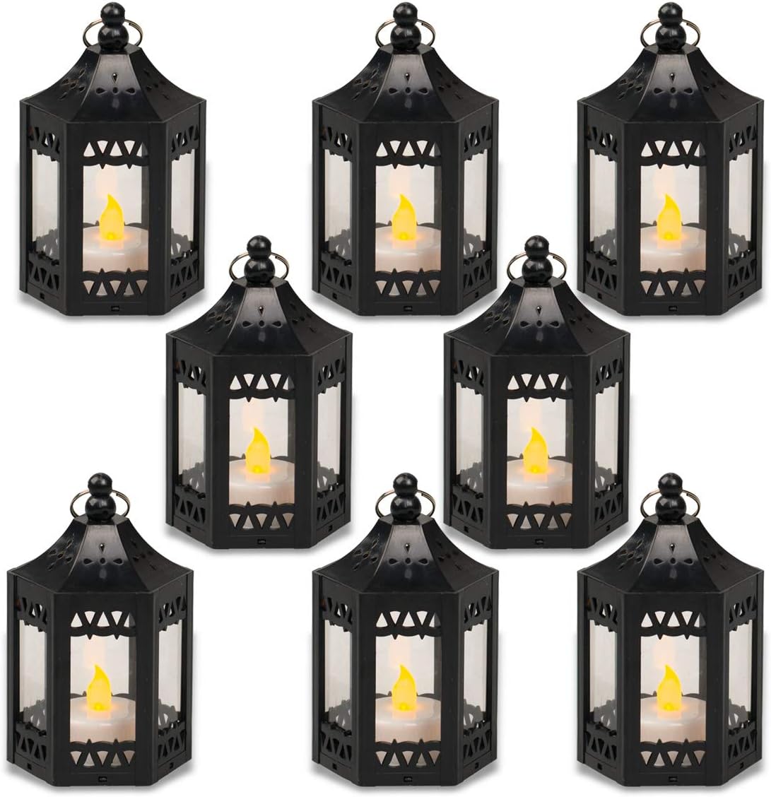 zkee Mini Star Lantern with Flickering LED,Battery Included,Christmas Decorative Indoor Candle Lantern（Set of 8,Black）