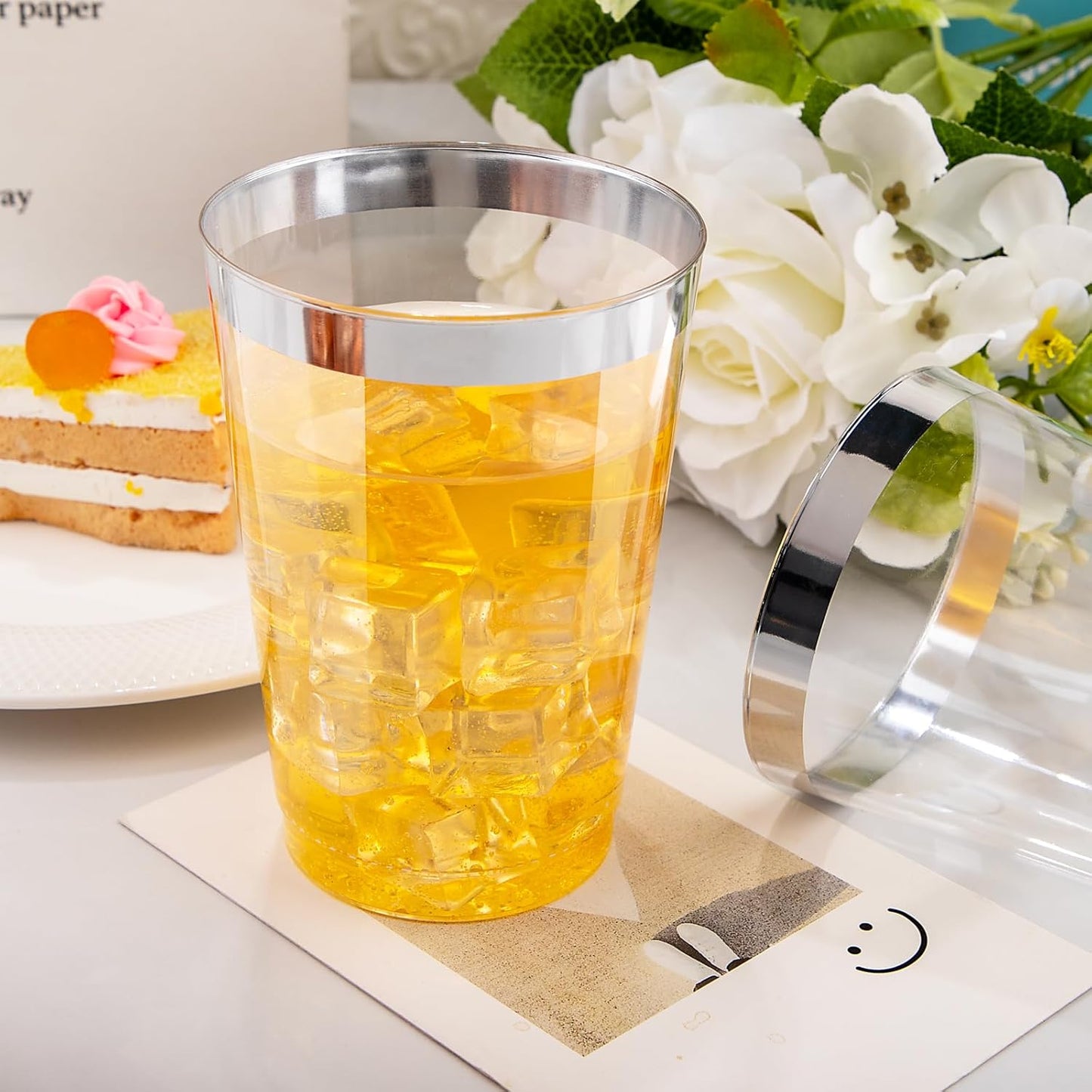 I00000 50 Pack 12 oz Silver Rimmed Disposable Cups, Heavy Duty Plastic Tumblers for Party