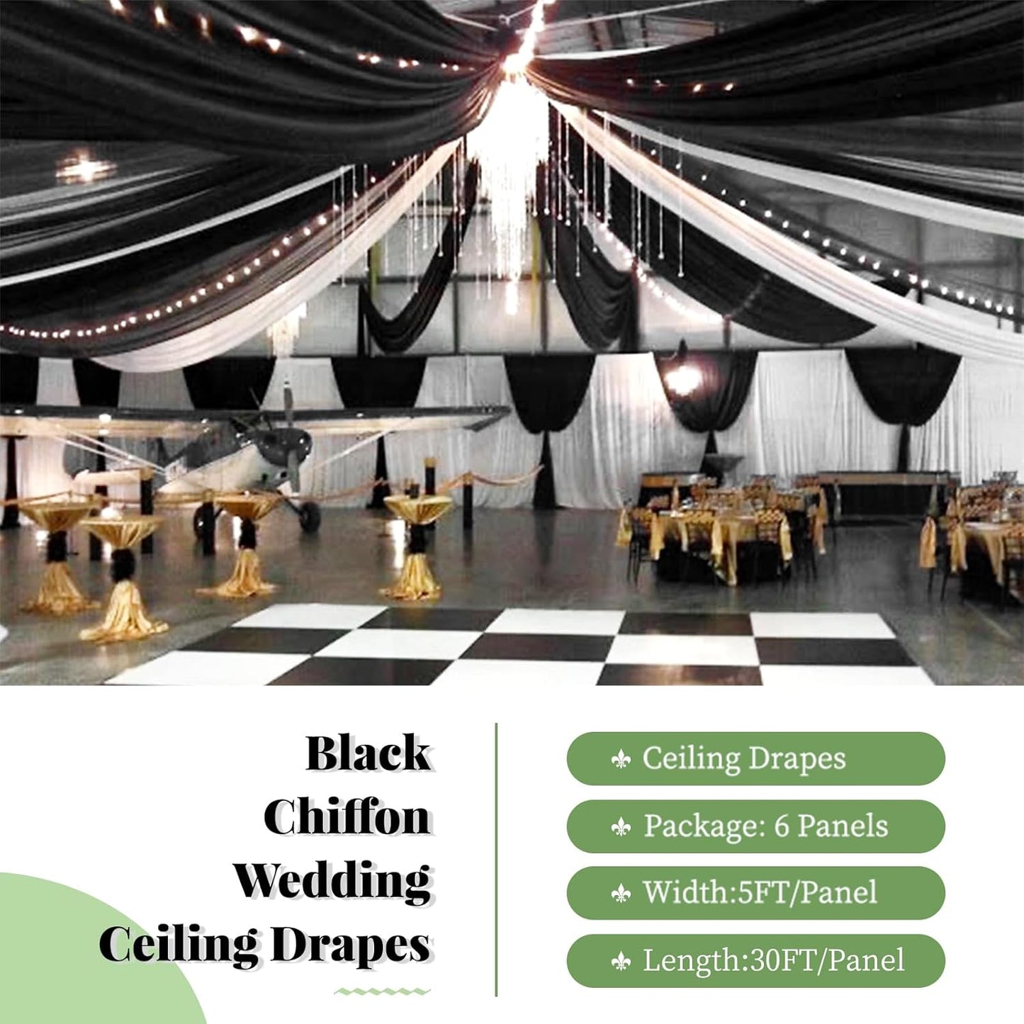 6 Panels Black Wedding Ceiling Drapes 5ftx30ft Ceiling Drapes Chiffon Fabric Arch Draping Sheer Curtains Soft Drapery Draping Wedding Ceiling Decorations for Party Ceremony Stage Swag