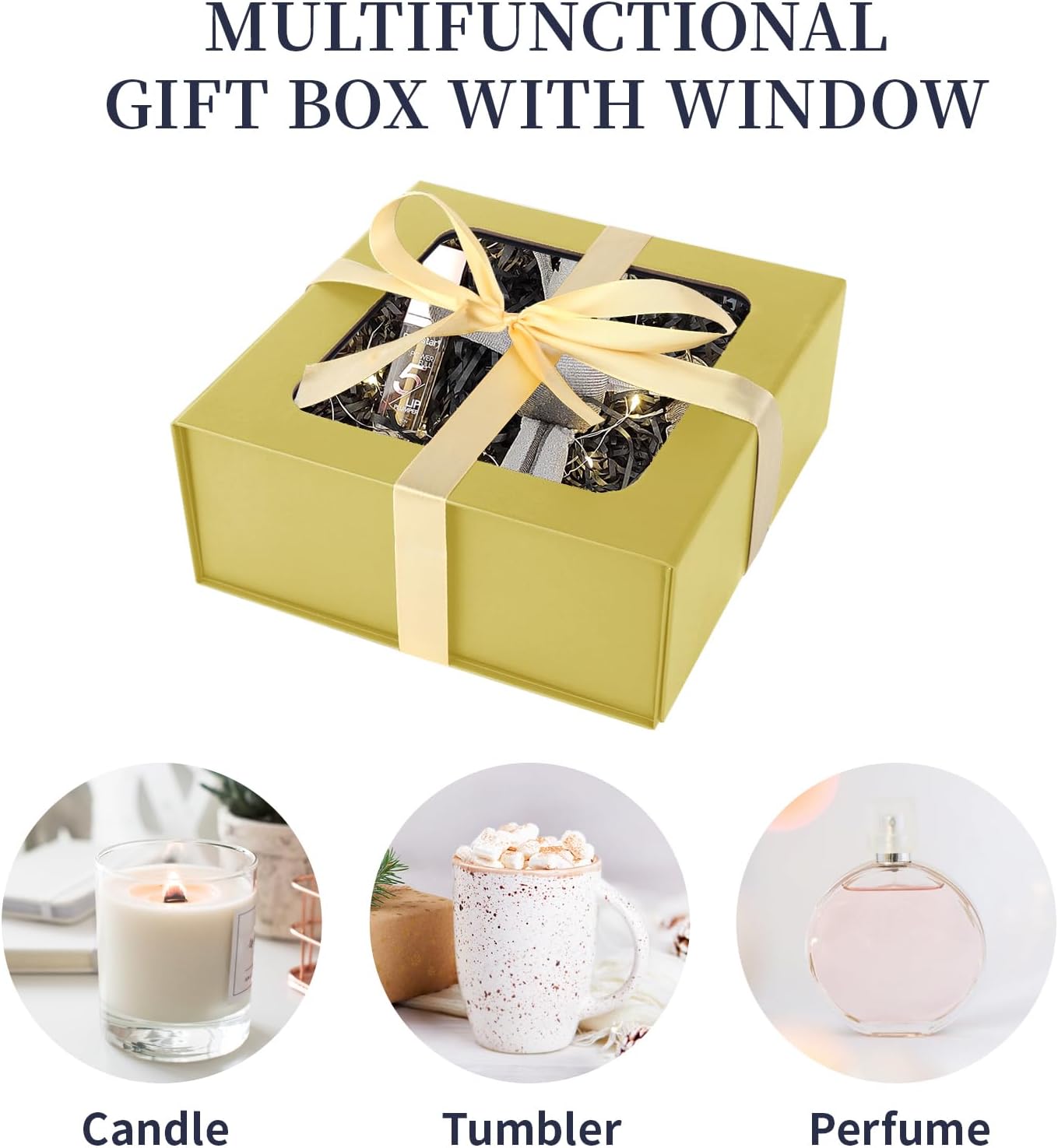 TIACABO Gold Gift Box with Window,7.5"x7.5"x3.1" Bridesmaid Boxe for Gifts Giving,Birthday Gift Boxes with Magnetic,Closure Lid Gifts Boxes for Presents,Cute Box,Luxury for Gift Packaging