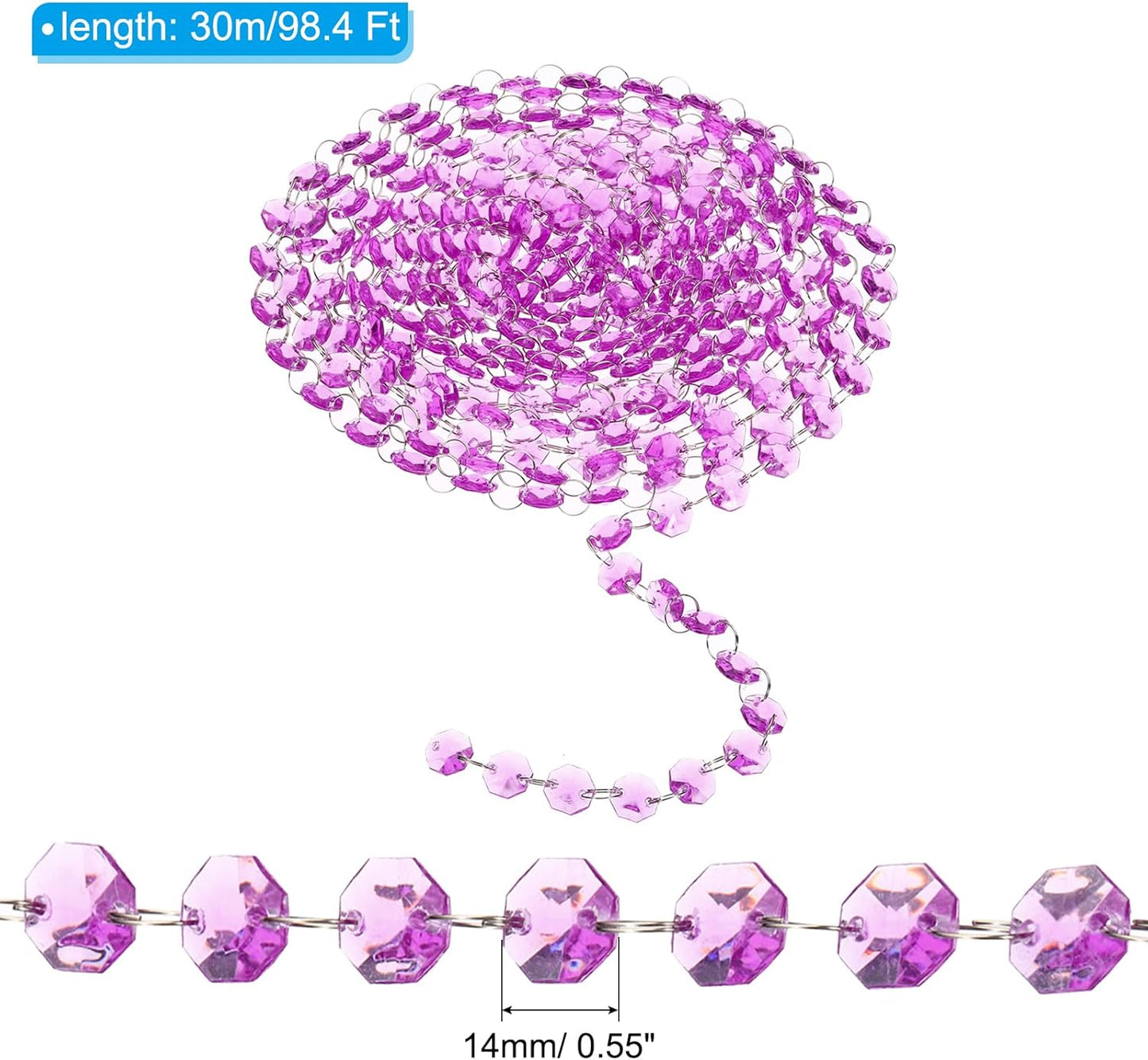 PATIKIL 14 mm Crystal Garland Strands, 98.4 Ft Acrylic Octagon Chandelier Bead Chains String for DIY Craft Wedding Party Home Decorative Jewelry Making, Purple
