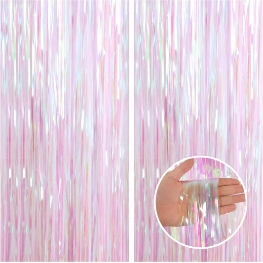 CANREVEL 2 Pack 3.2x6.5 Feet Iridescent Foil Fringe Backdrop Curtains, Clear Tinsel Photo Booth Props Streamers Party Decorations for Birthdays Engagement Christmas Party