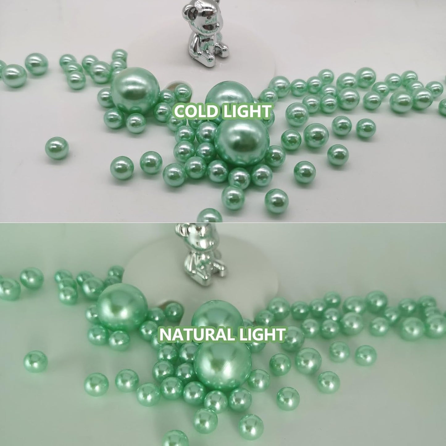 100PCS Faux Pearls Beads for Centerpiece Vases, Green Vase Filler Faux Pearls, No Holes Filler Beads for Mardi Gras St. Patrick's Day Party Wedding Table Decor, 14/20/30mm