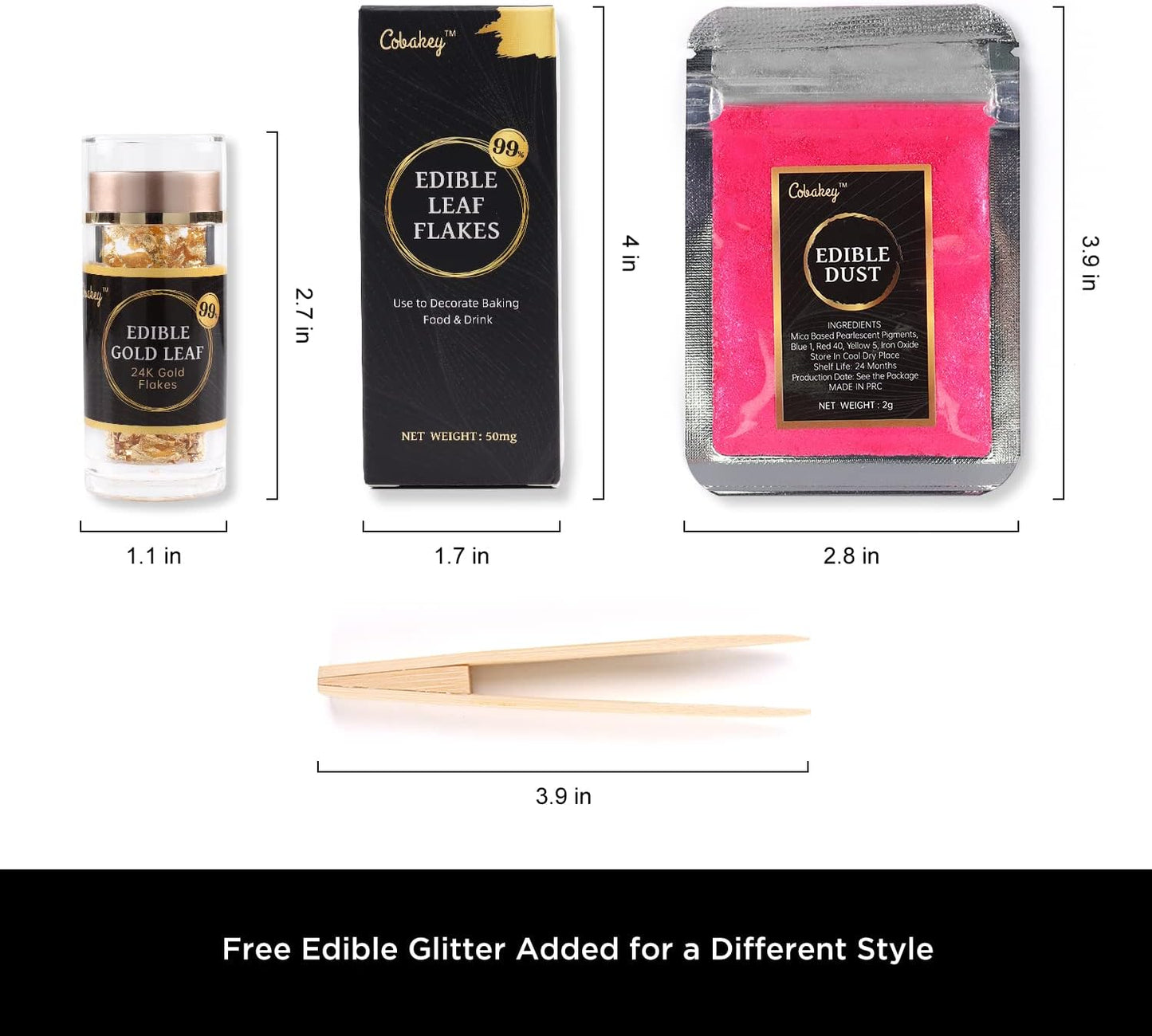 Cobakey Genuine Edible Gold Leaf Flakes - 50mg Edible Gold Flakes for Cake Decoration (Cupcake, Chocolate, Steak, Drink & Cooking), PureGold Leaf with Edible Glitter & Wooden Tweezers