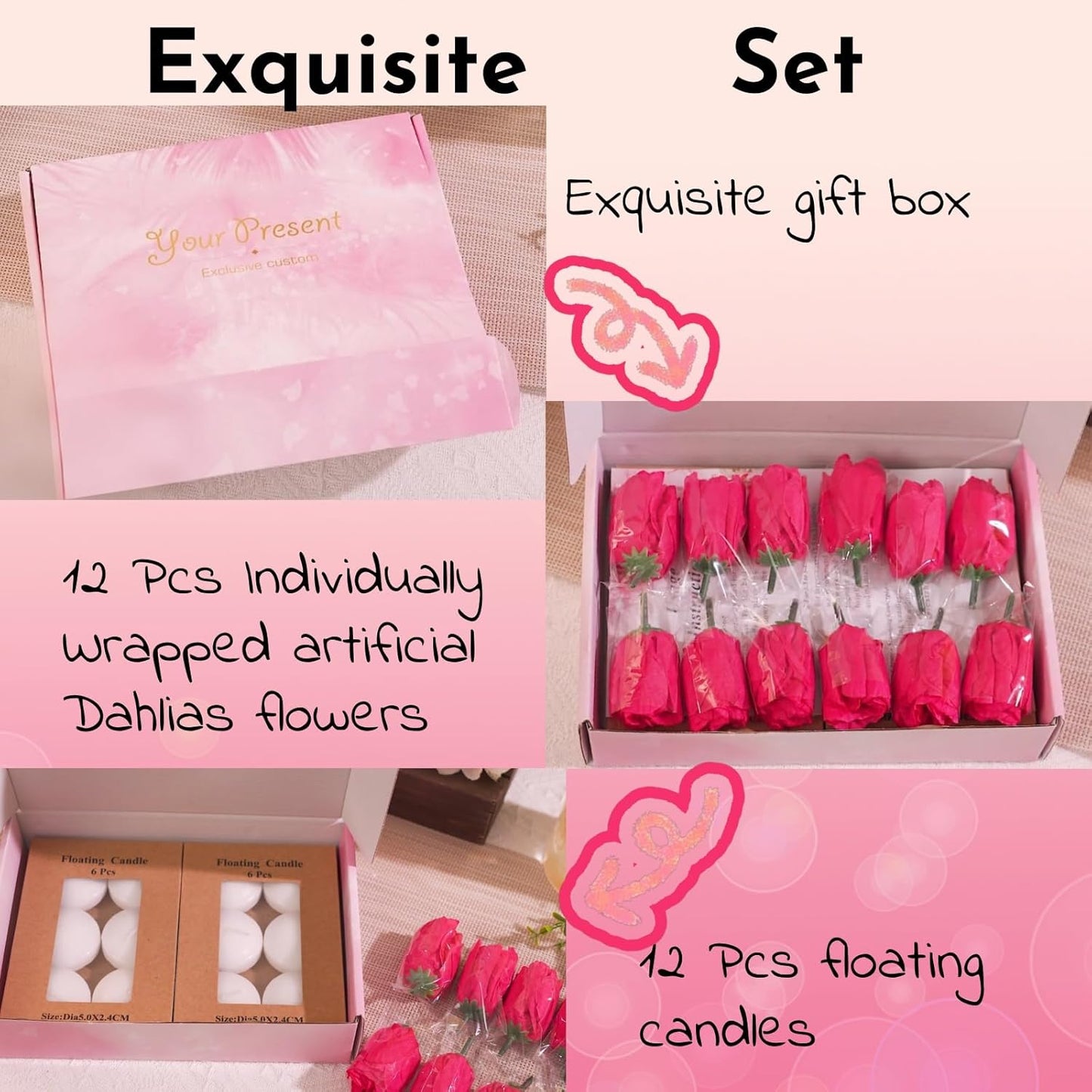 24 Pcs Floating Candles for Centerpieces and Floating Flowers Artificial Flowers Head Vase Filler for Party Home Table Wedding Centerpieces Decoration (Champagne)