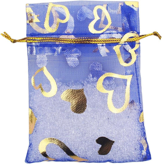 100 Pack 2.8 x 3.5 Inch Flower Heart Organza Jewelry Gift Pouch Candy Pouch Drawstring Wedding Favor Bags B511S (royalblue gold heart)