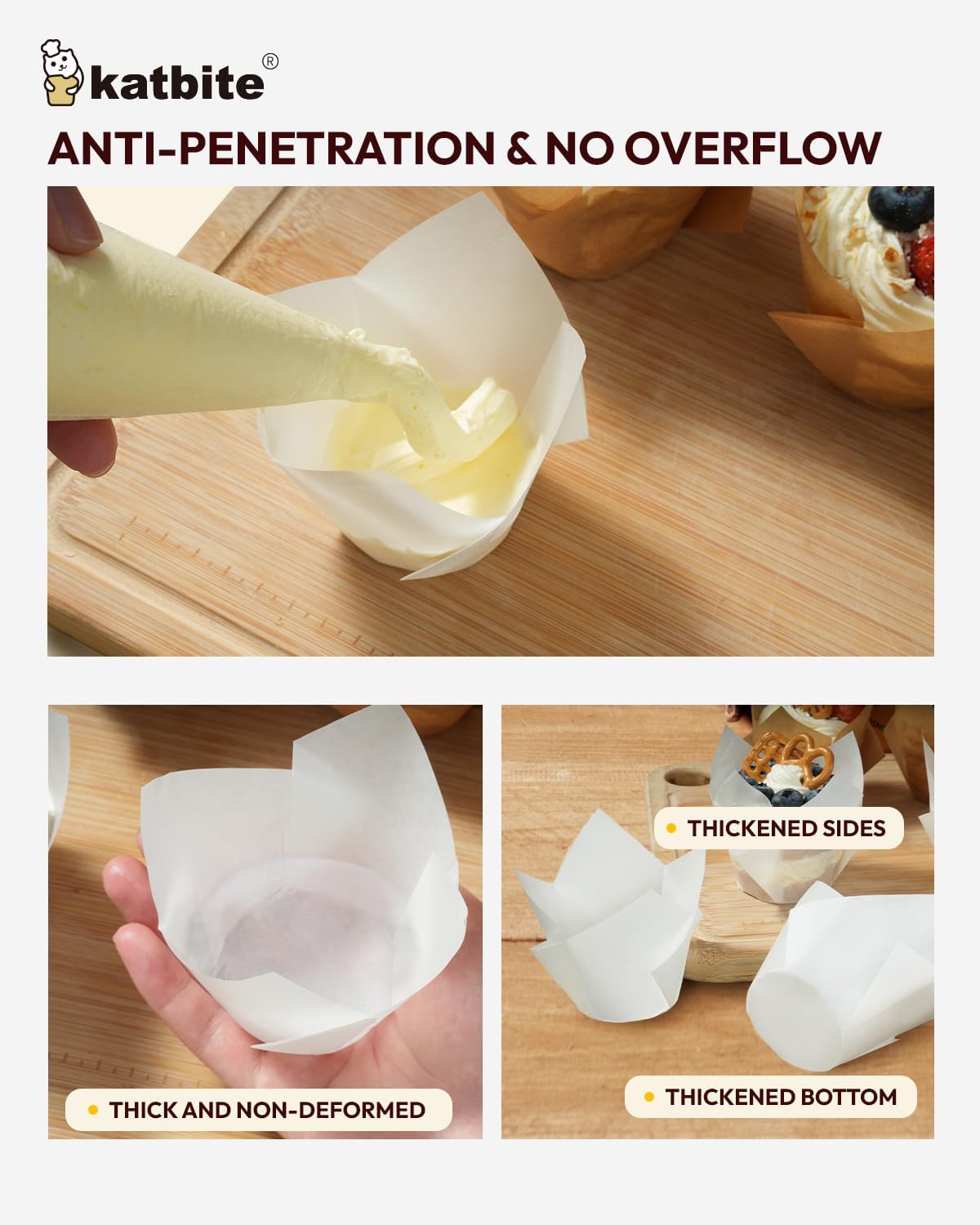 Katbite Tulip Cupcake Liners 200PCS, Muffin Baking Cups ProSmooth White