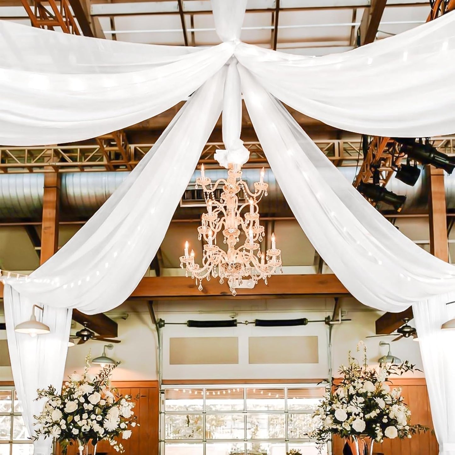 4 Panels White Ceiling Drapes for Wedding 5ftx30ft Sheer Drapery Chiffon Fabric Arch Draping Curtains for Party Ceremony Birthday Baby Shower Reception Stage Ceiling Decorations